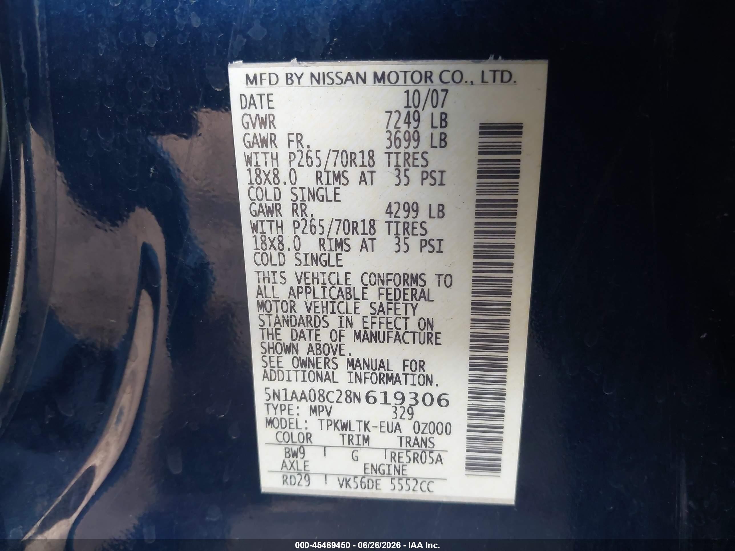 2008 Nissan Armada Se Blue vin: 5N1AA08C28N619306
