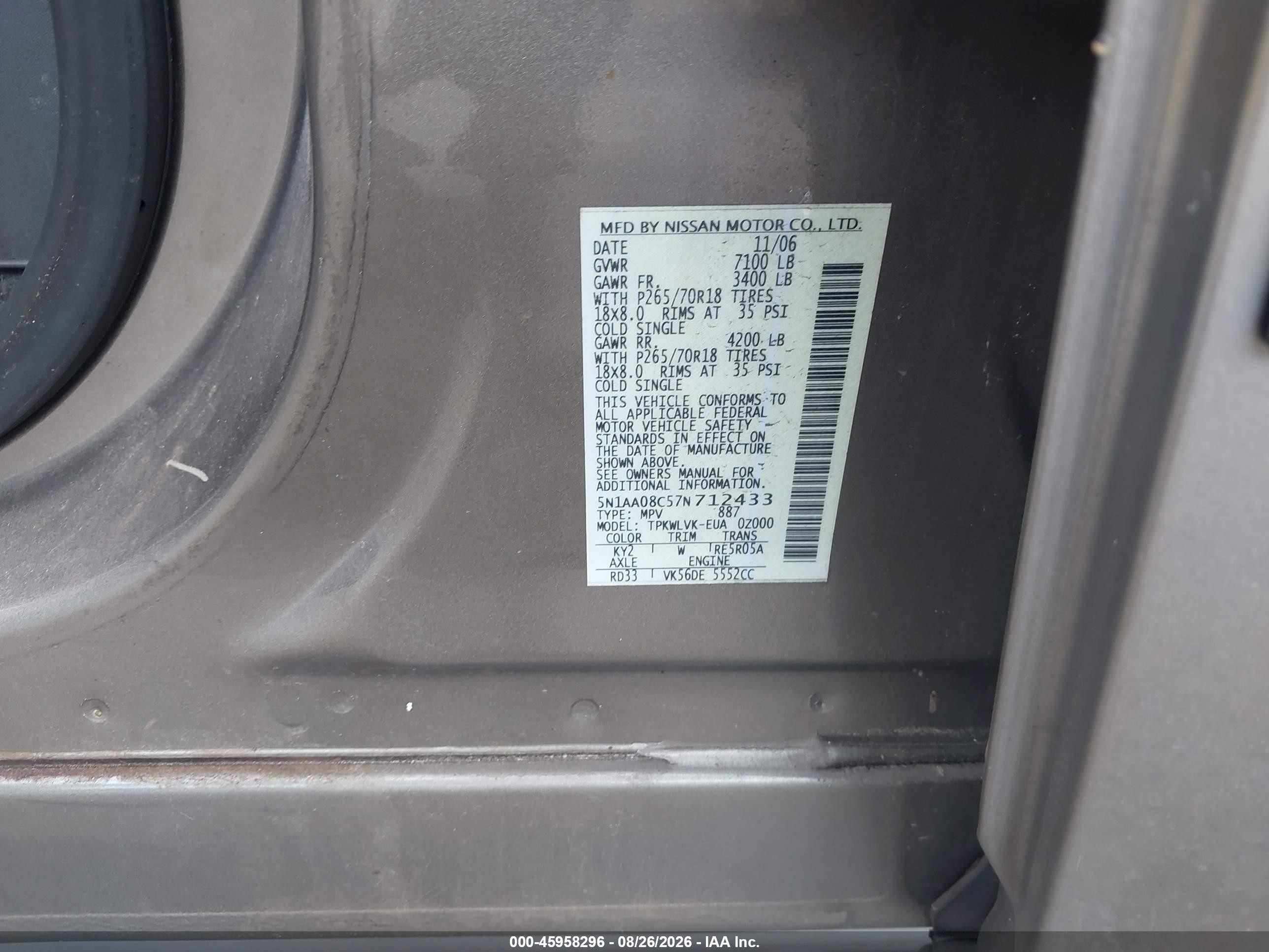 2007 Nissan Armada Le Gray vin: 5N1AA08C57N712433