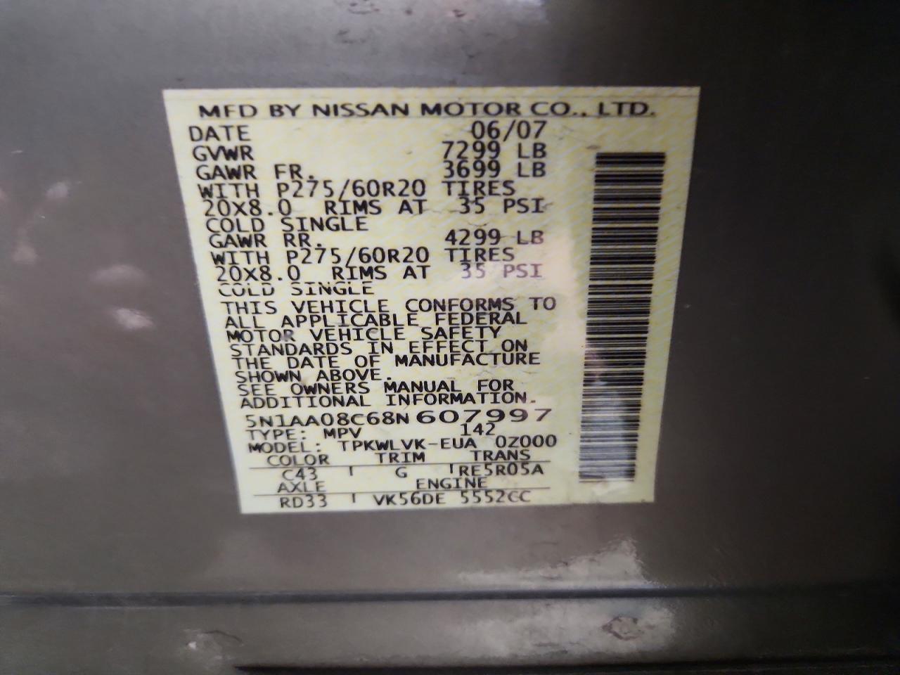 2008 Nissan Armada Se Tan vin: 5N1AA08C68N607997