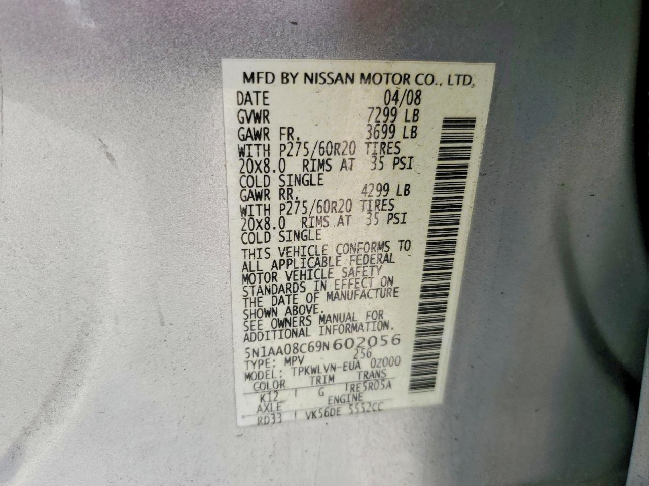 2009 Nissan Armada Se Silver vin: 5N1AA08C69N602056