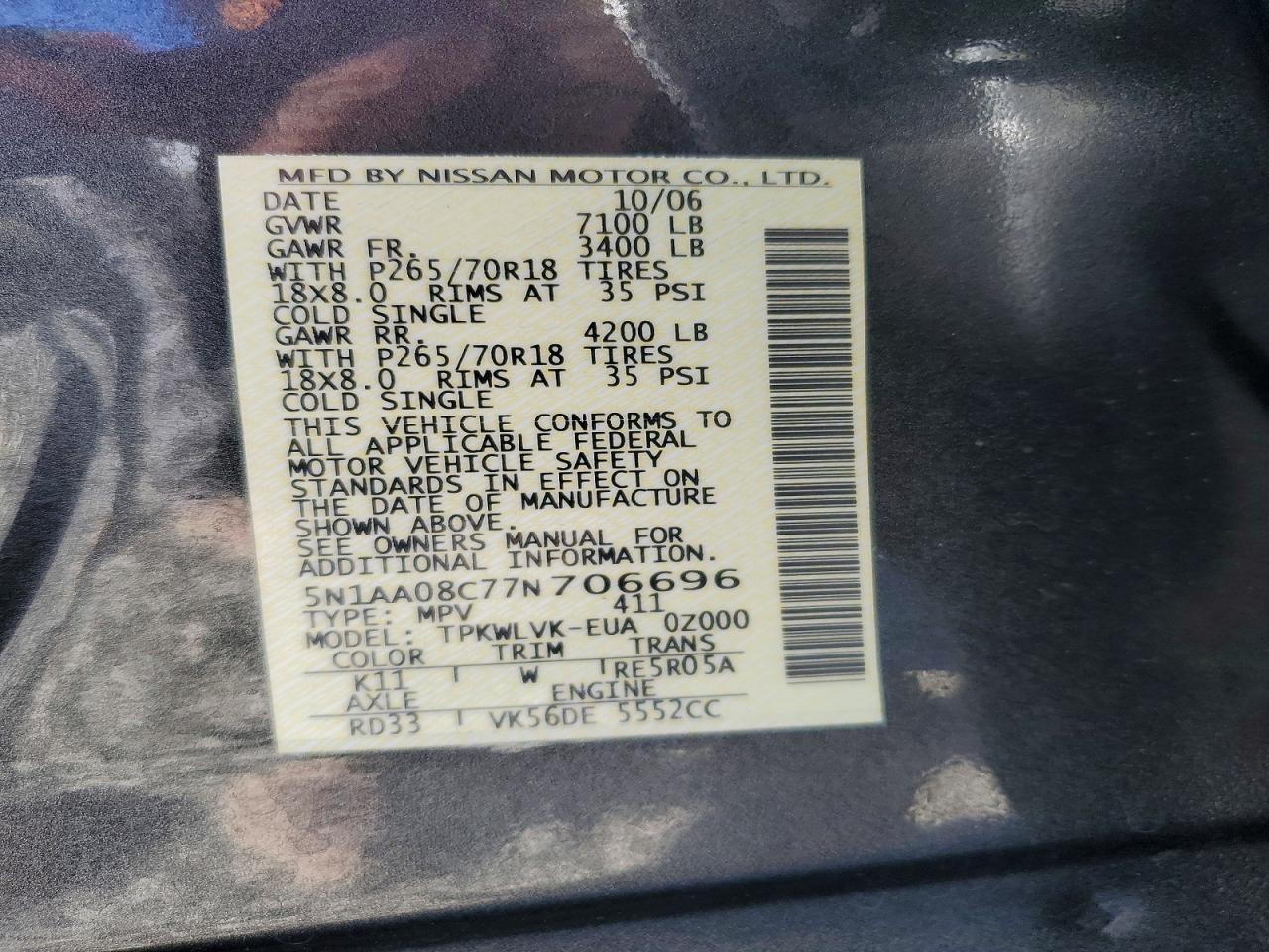 2007 Nissan Armada Se Charcoal vin: 5N1AA08C77N706696