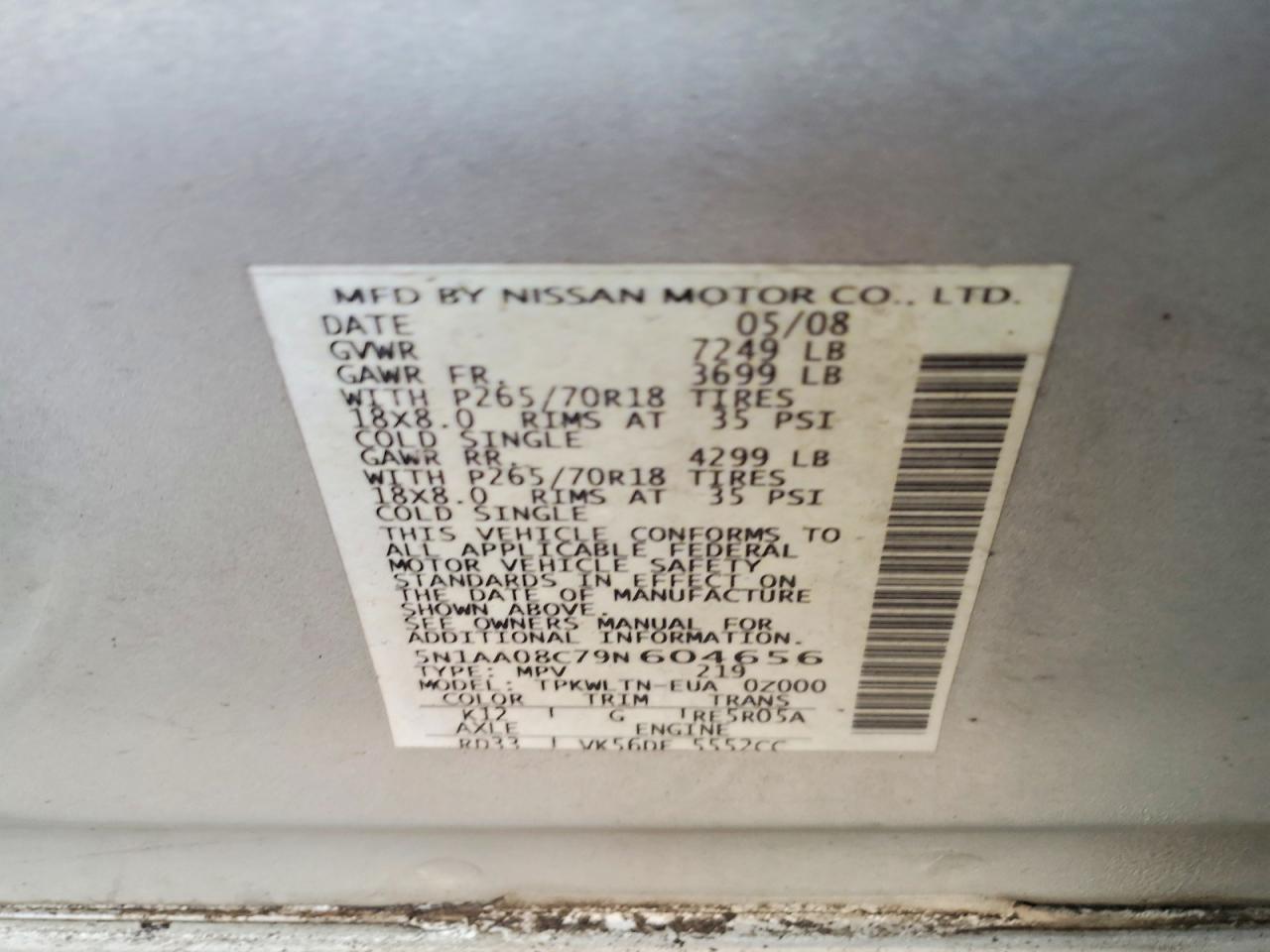 2009 Nissan Armada Se Серебряный vin: 5N1AA08C79N604656