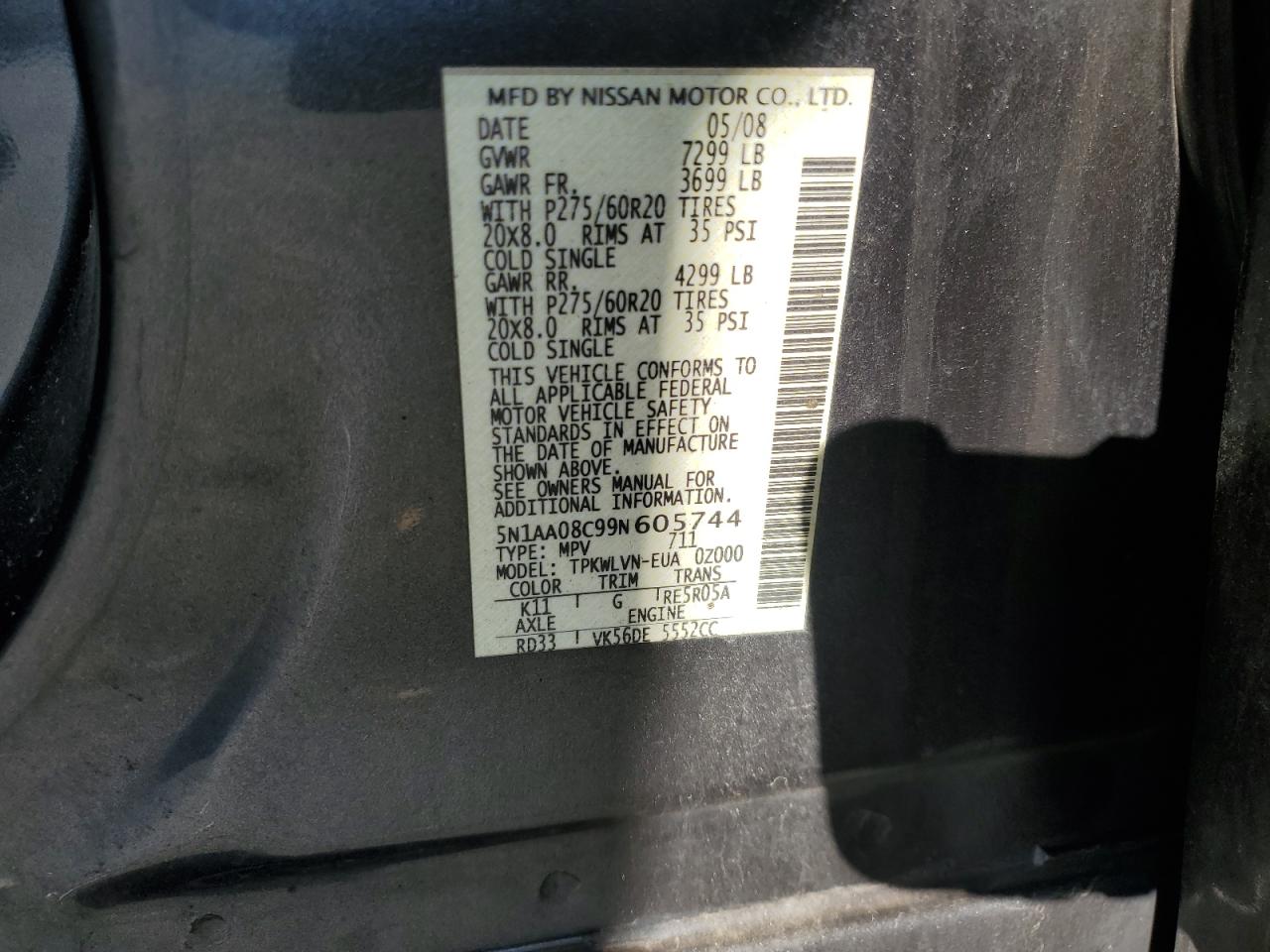 2009 Nissan Armada Se Gray vin: 5N1AA08C99N605744