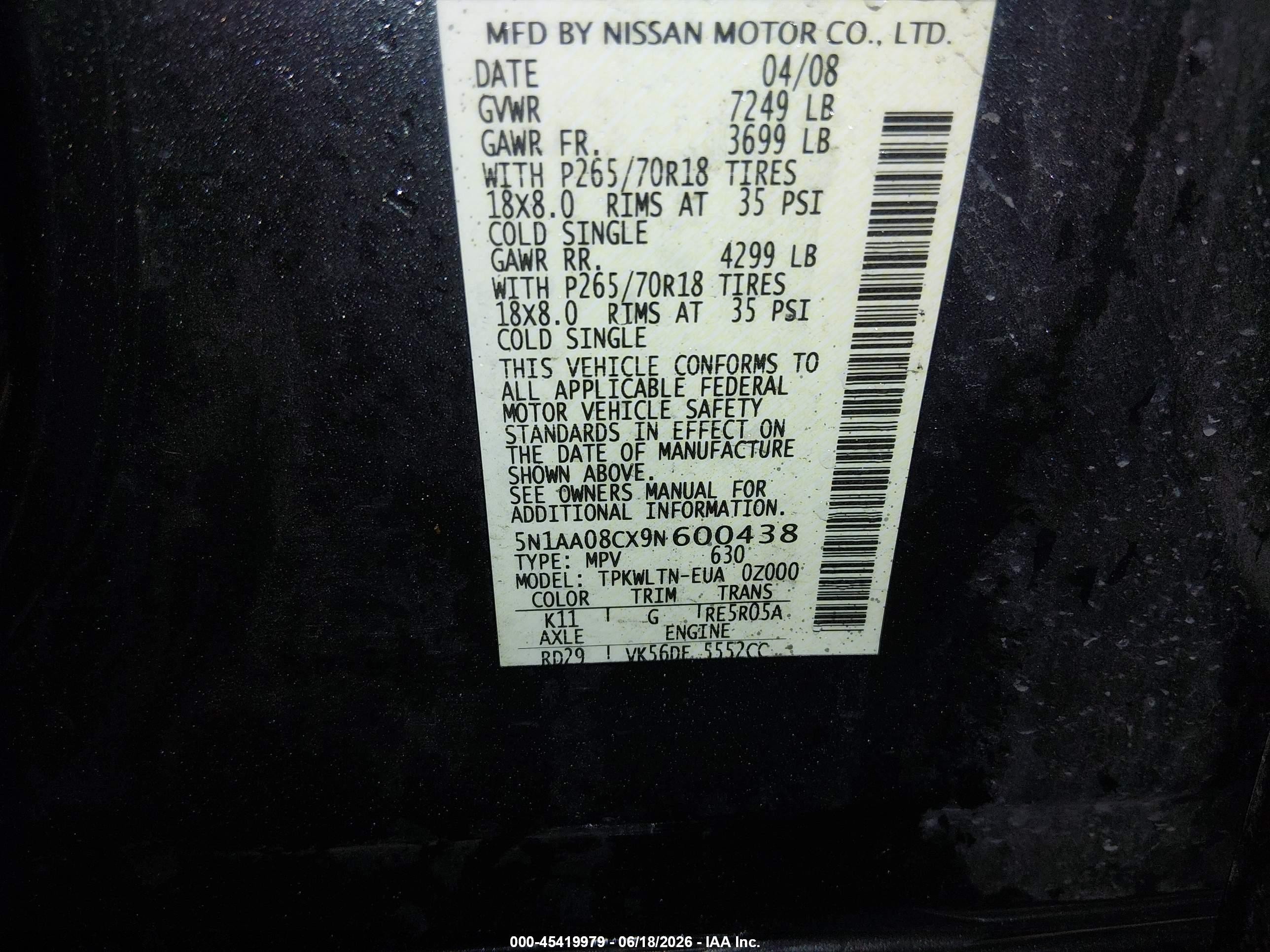 2009 Nissan Armada Se Gray vin: 5N1AA08CX9N600438