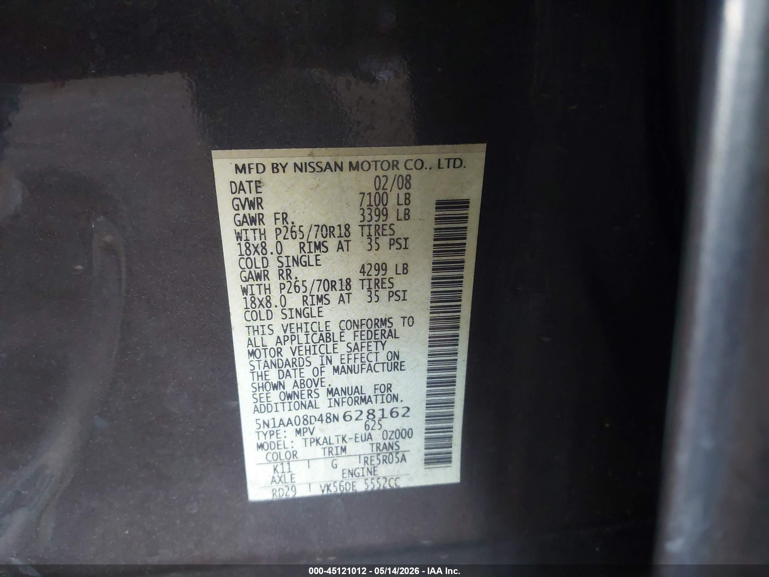 2008 Nissan Armada Se Gray vin: 5N1AA08D48N628162