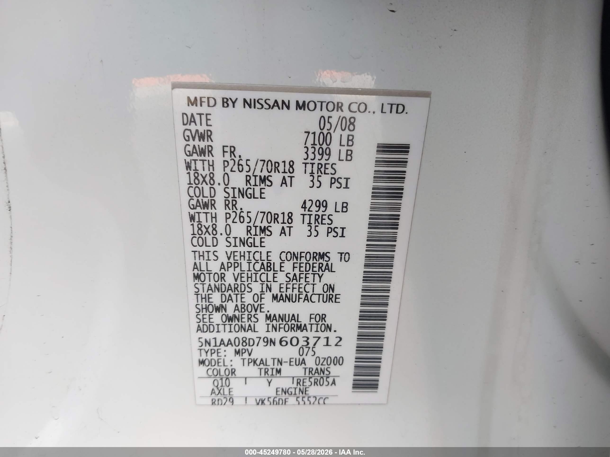 2009 Nissan Armada Se White vin: 5N1AA08D79N603712