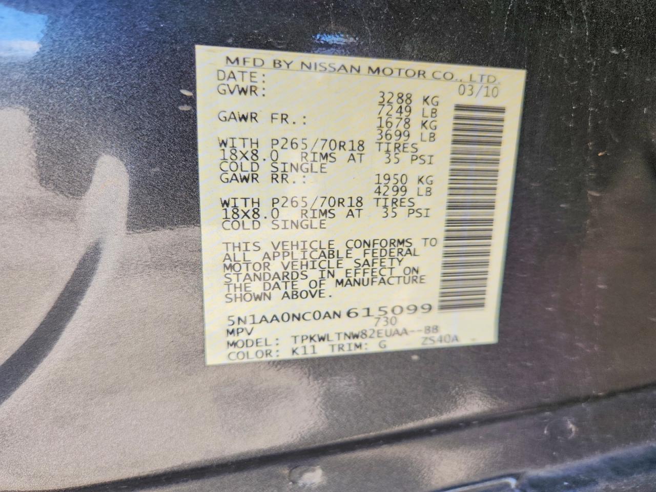 2010 Nissan Armada Se Charcoal vin: 5N1AA0NC0AN615099