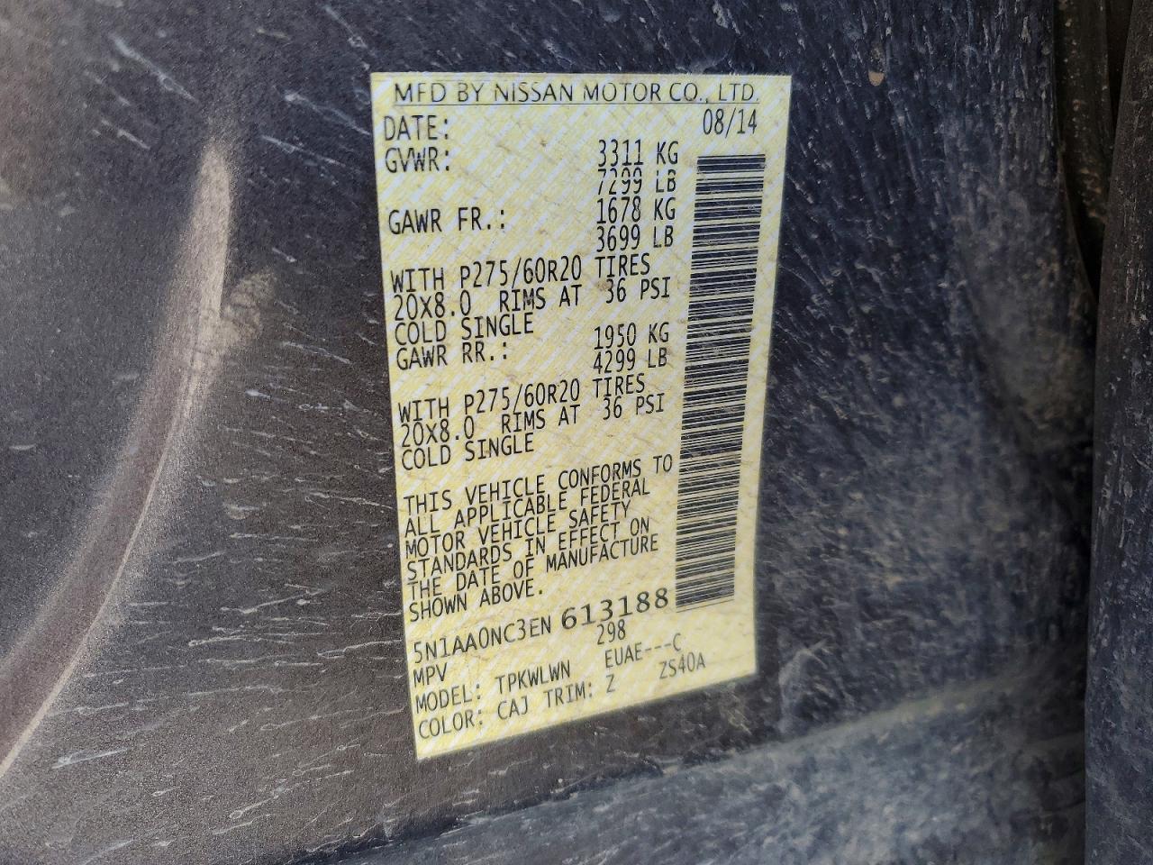 2014 Nissan Armada Platinum Charcoal vin: 5N1AA0NC3EN613188