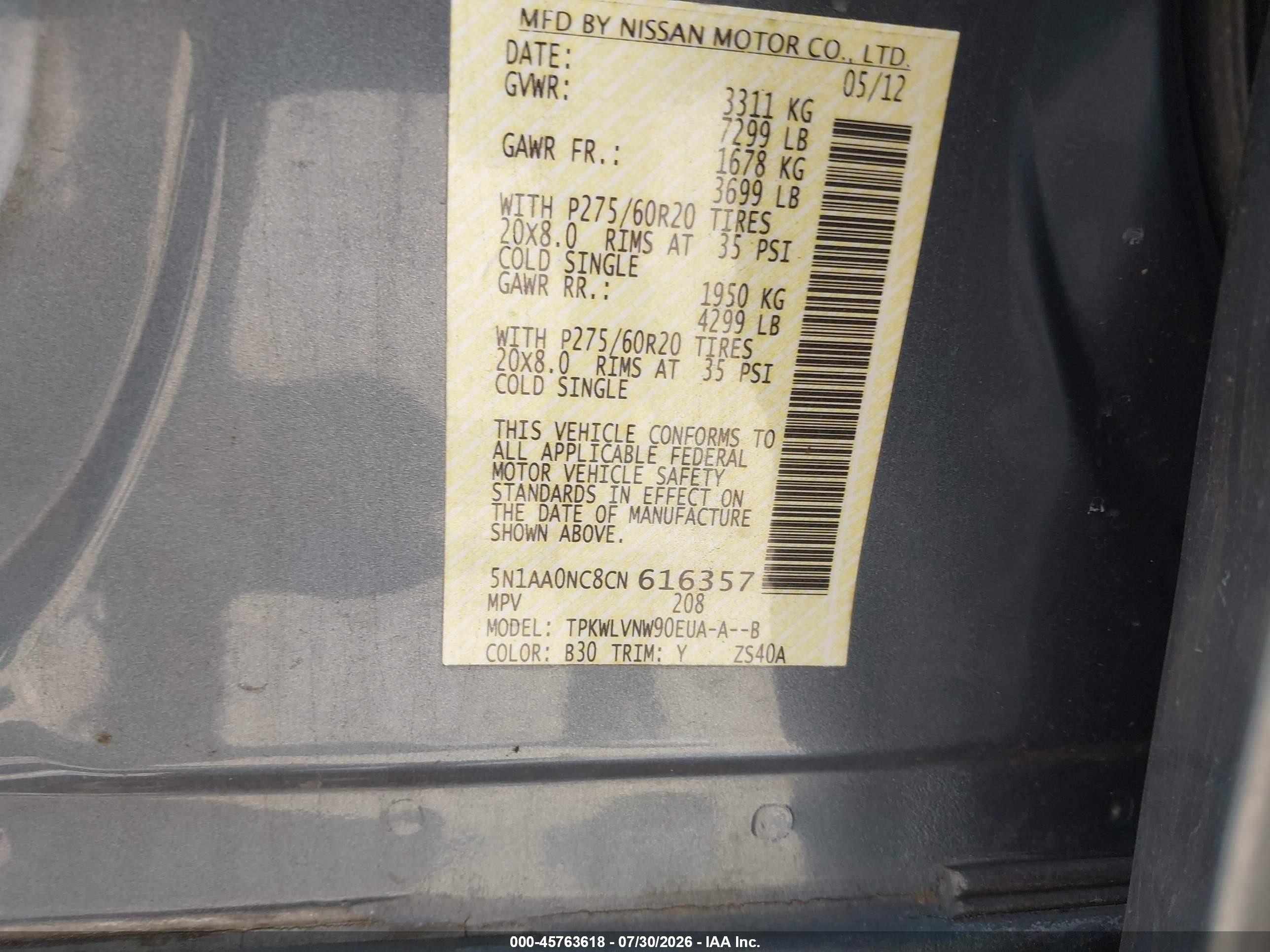 2012 Nissan Armada Sl Light Blue vin: 5N1AA0NC8CN616357