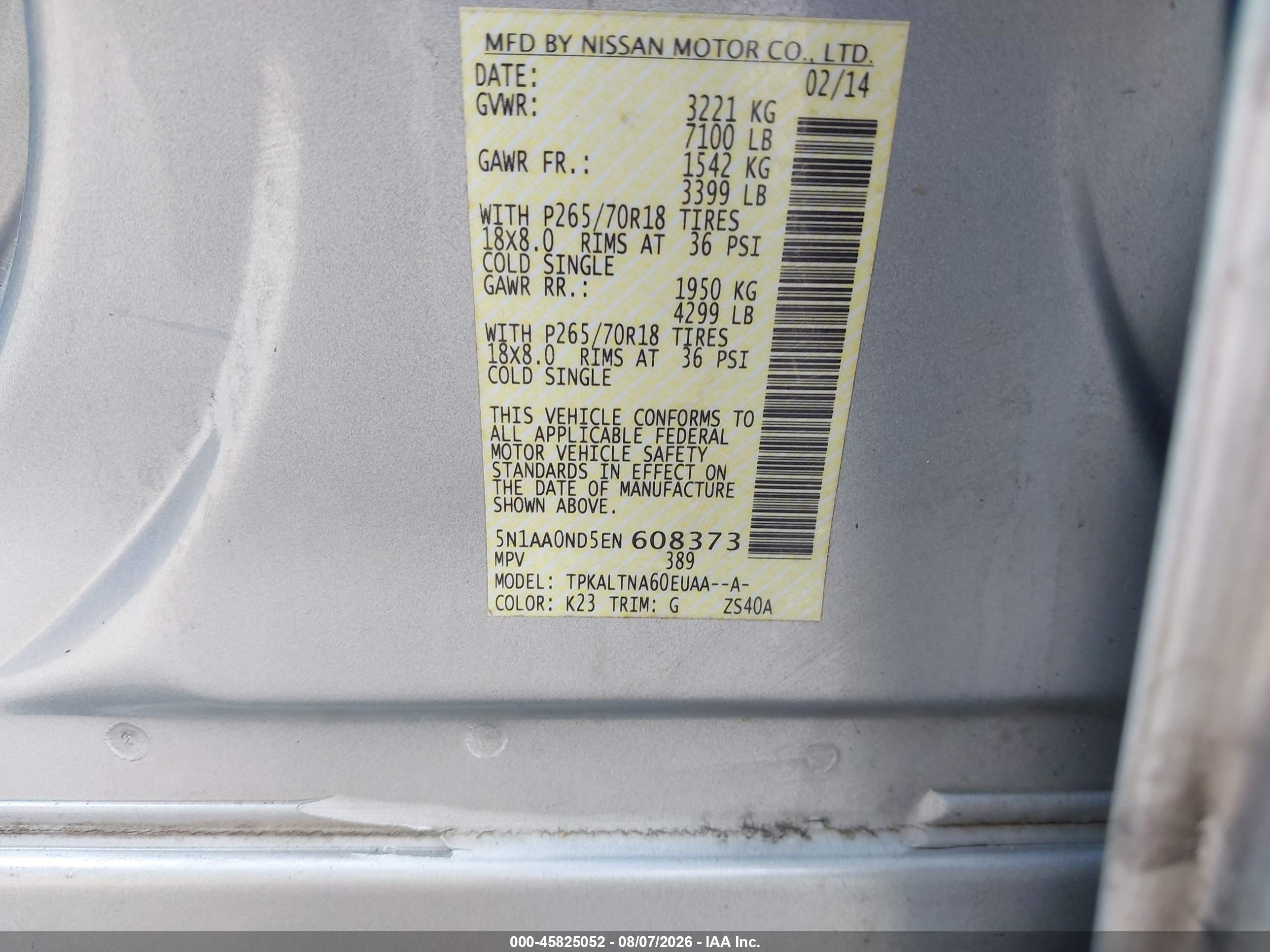 2014 Nissan Armada Platinum/sl/sv Silver vin: 5N1AA0ND5EN608373