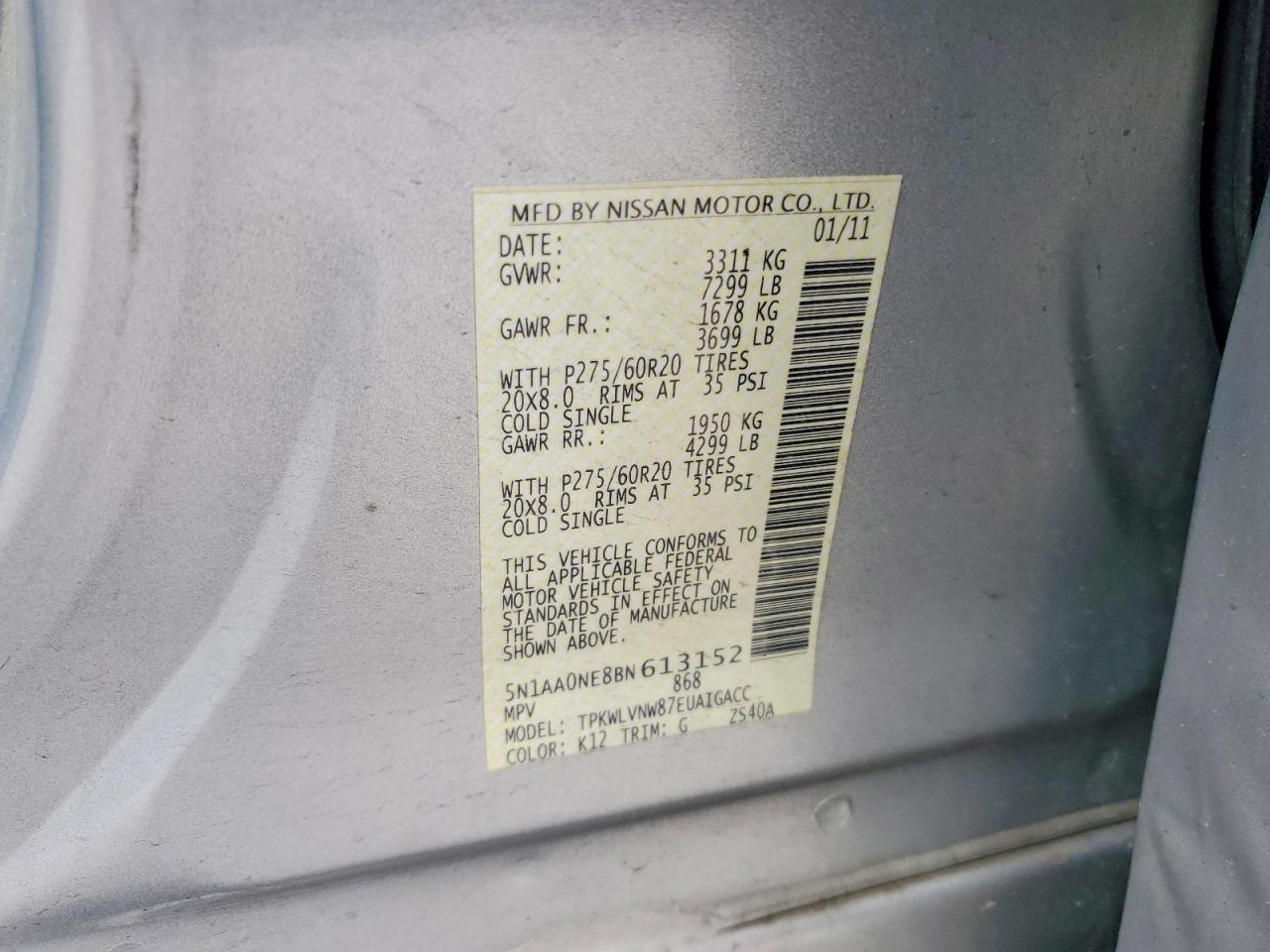 2011 Nissan Armada Platinum Silver vin: 5N1AA0NE8BN613152