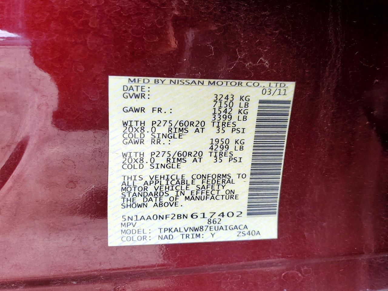 2011 Nissan Armada Platinum Red vin: 5N1AA0NF2BN617402