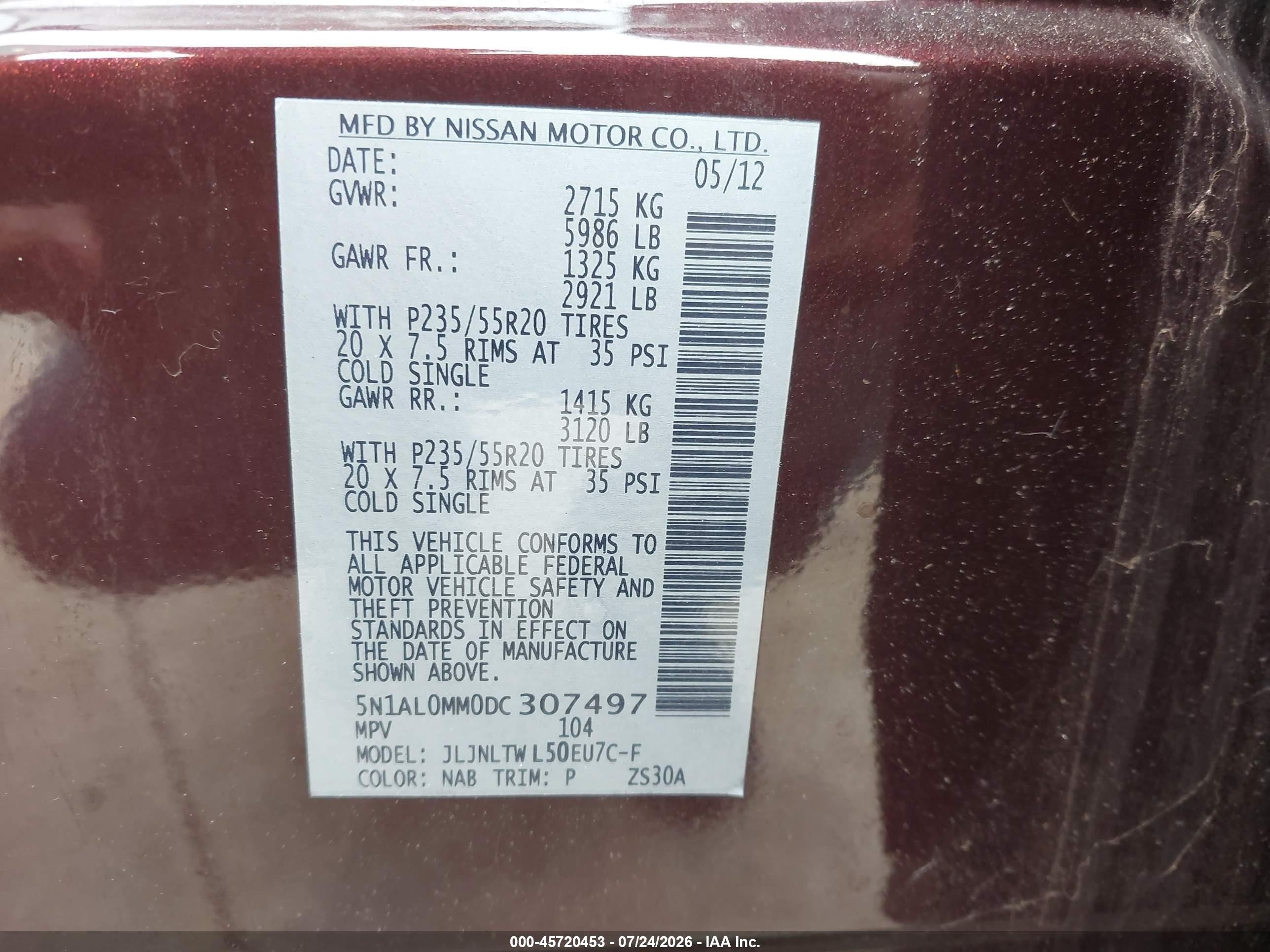 2013 Infiniti Jx35   Burgundy vin: 5N1AL0MM0DC307497