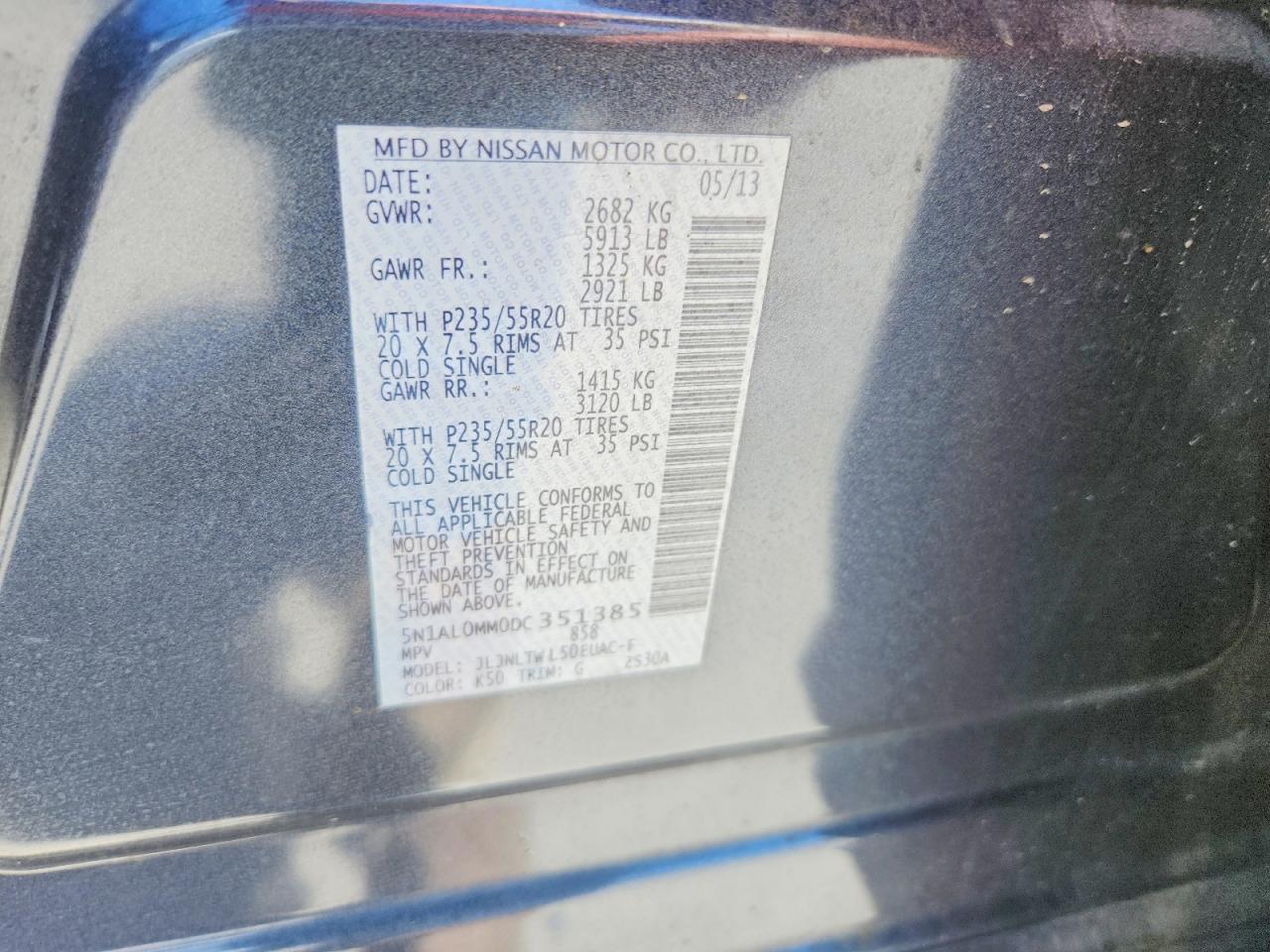 2013 Infiniti Jx35 Base Charcoal vin: 5N1AL0MM0DC351385