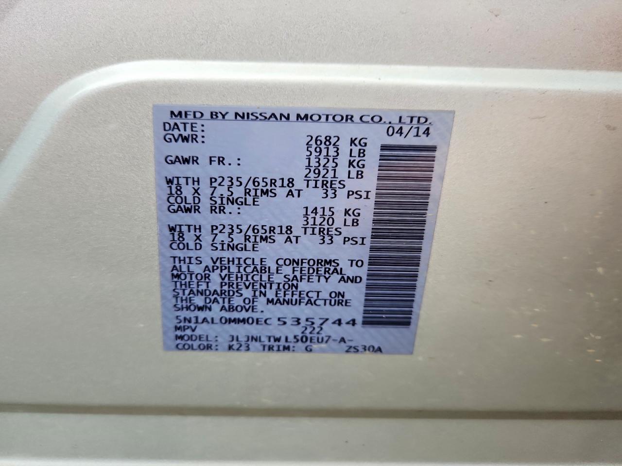 2014 Infiniti Qx60 Base Silver vin: 5N1AL0MM0EC535744