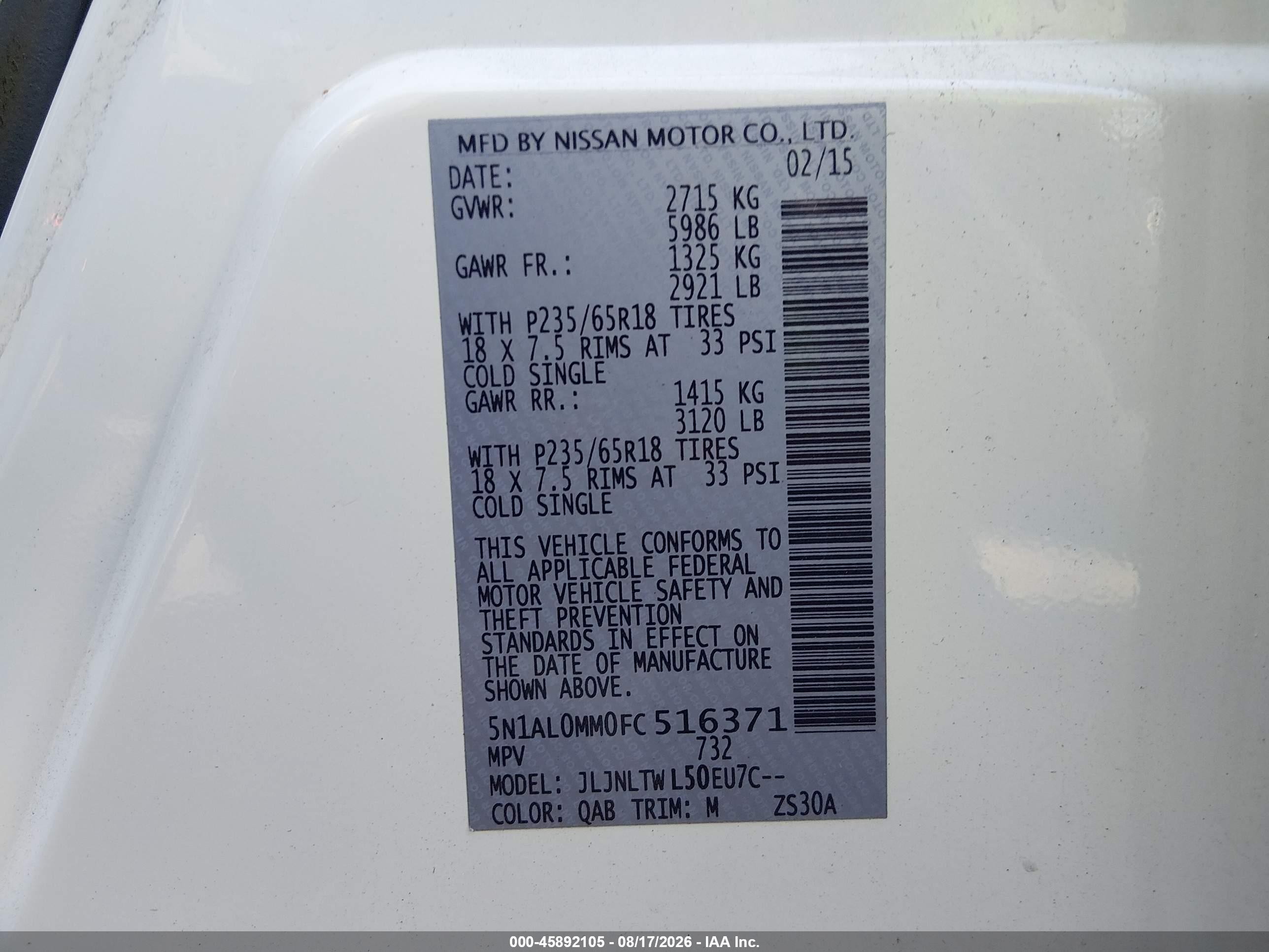 2015 Infiniti Qx60   White vin: 5N1AL0MM0FC516371