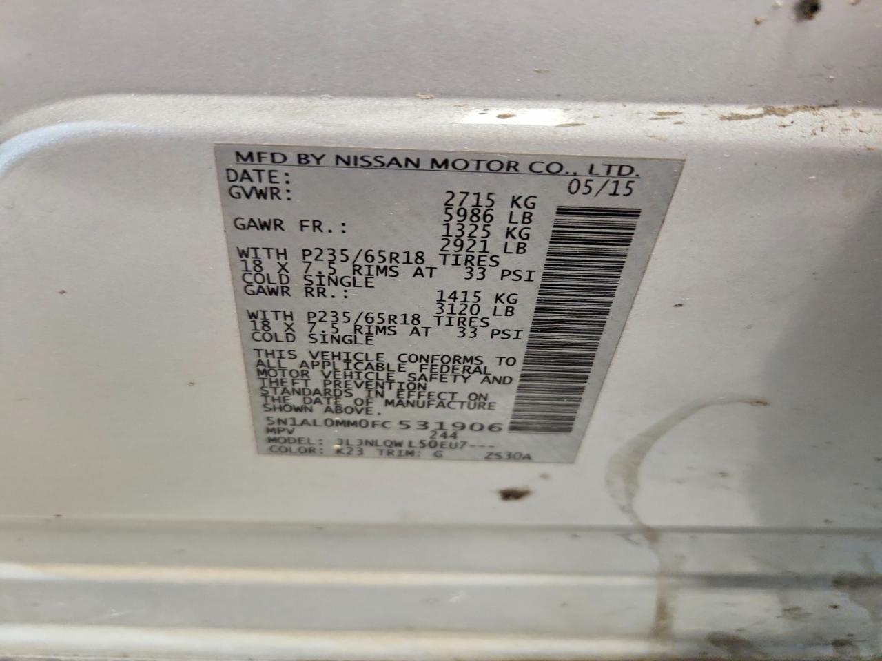 2015 Infiniti Qx60 Base Silver vin: 5N1AL0MM0FC531906