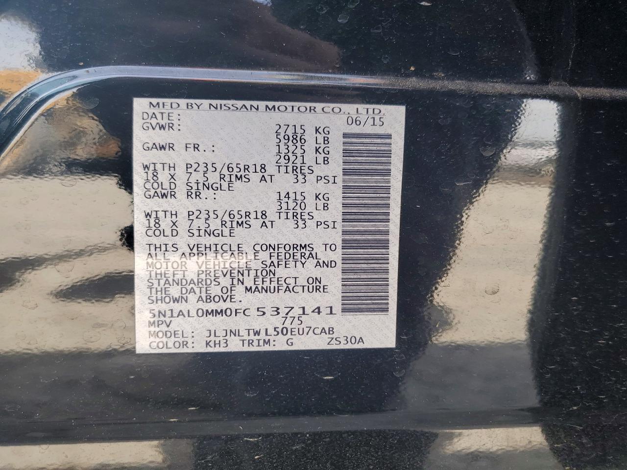 2015 Infiniti Qx60 Base Black vin: 5N1AL0MM0FC537141