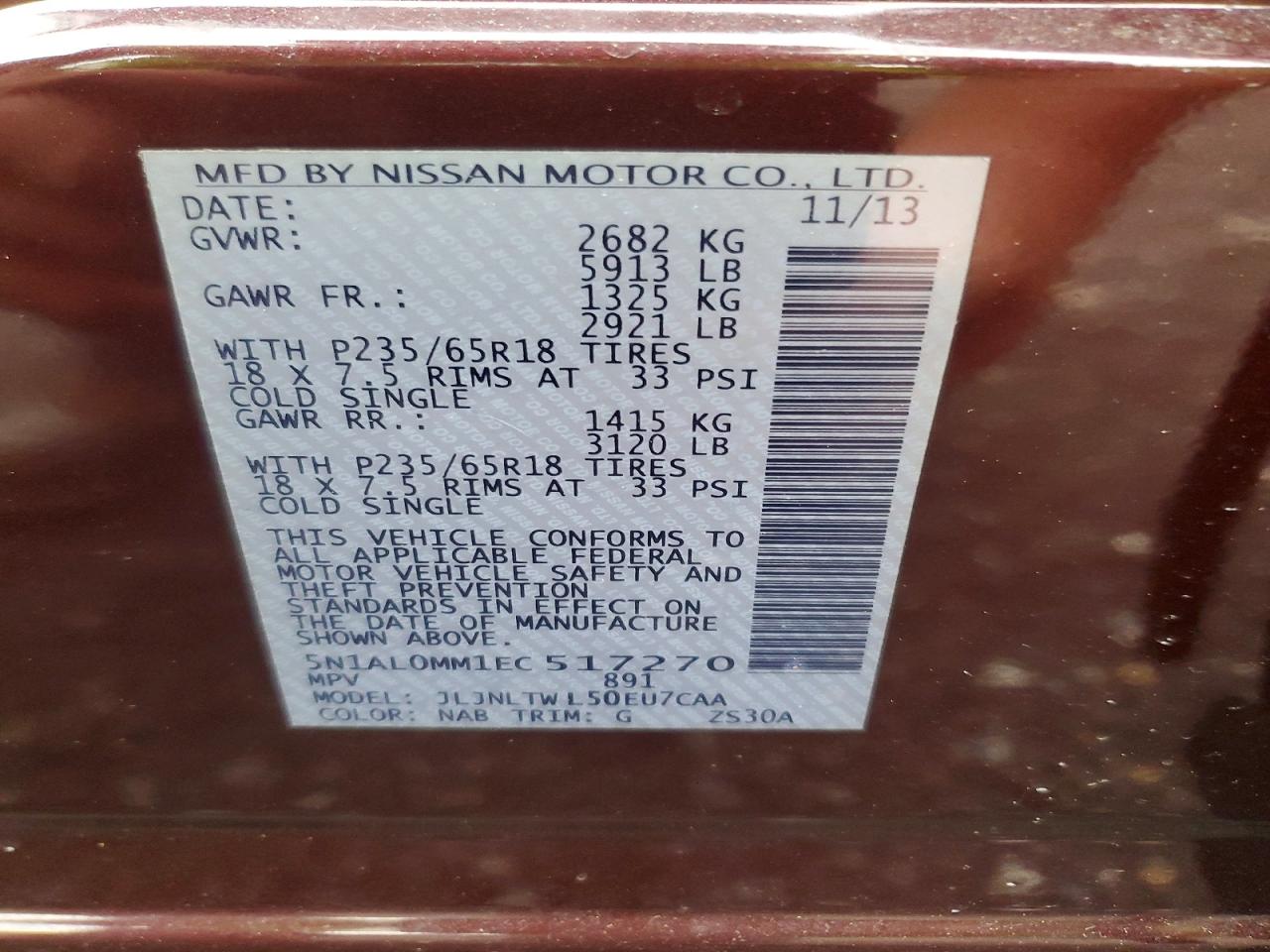 2014 Infiniti Qx60 Base Burgundy vin: 5N1AL0MM1EC517270