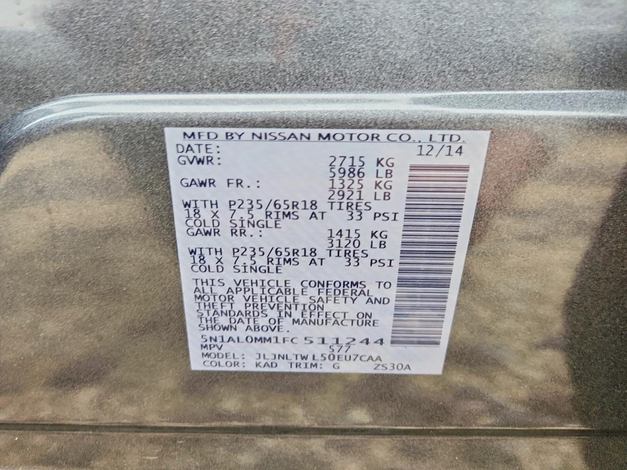 2015 Infiniti Qx60 Base Серый vin: 5N1AL0MM1FC511244
