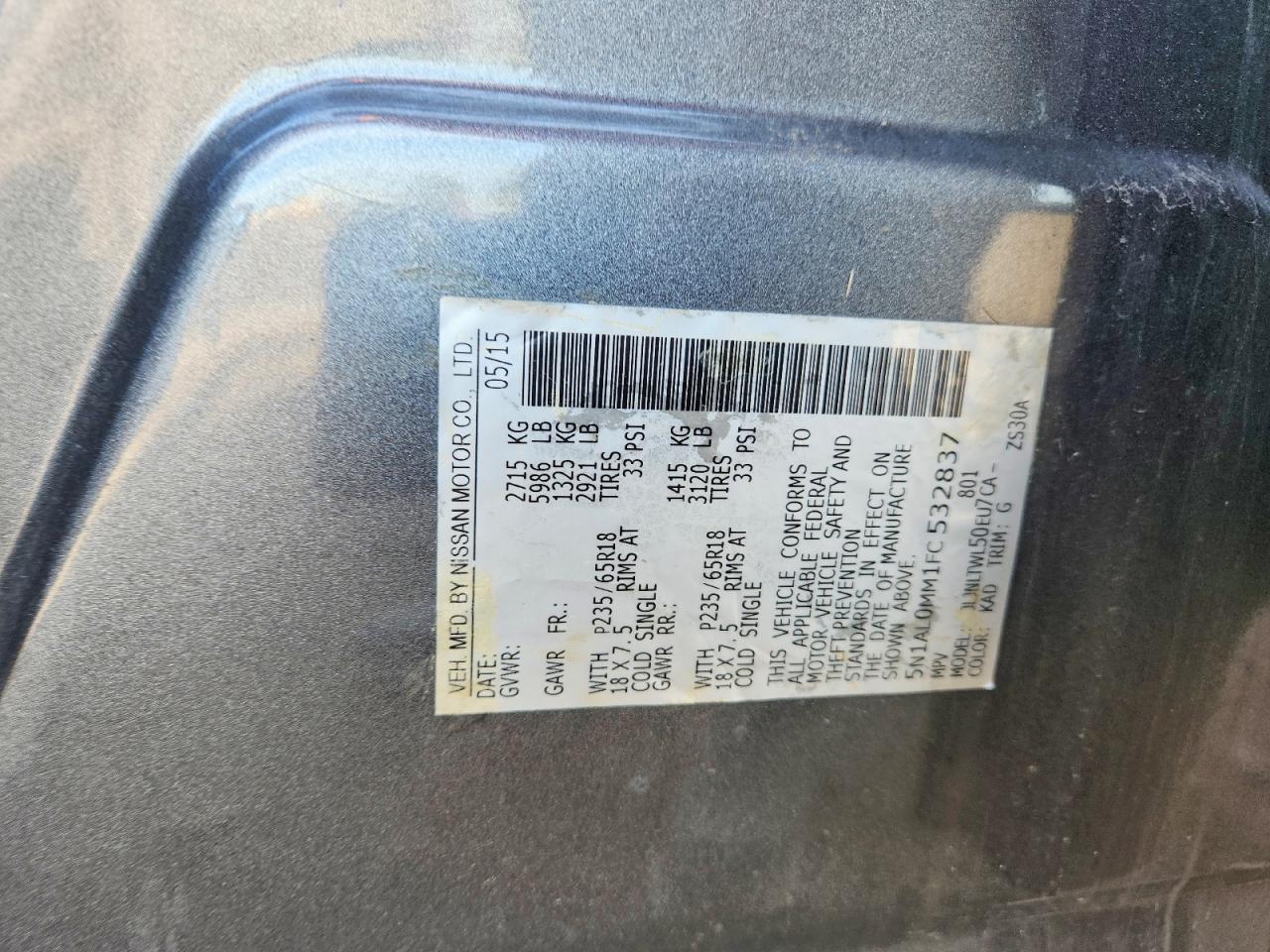 2015 Infiniti Qx60 Base Gray vin: 5N1AL0MM1FC532837