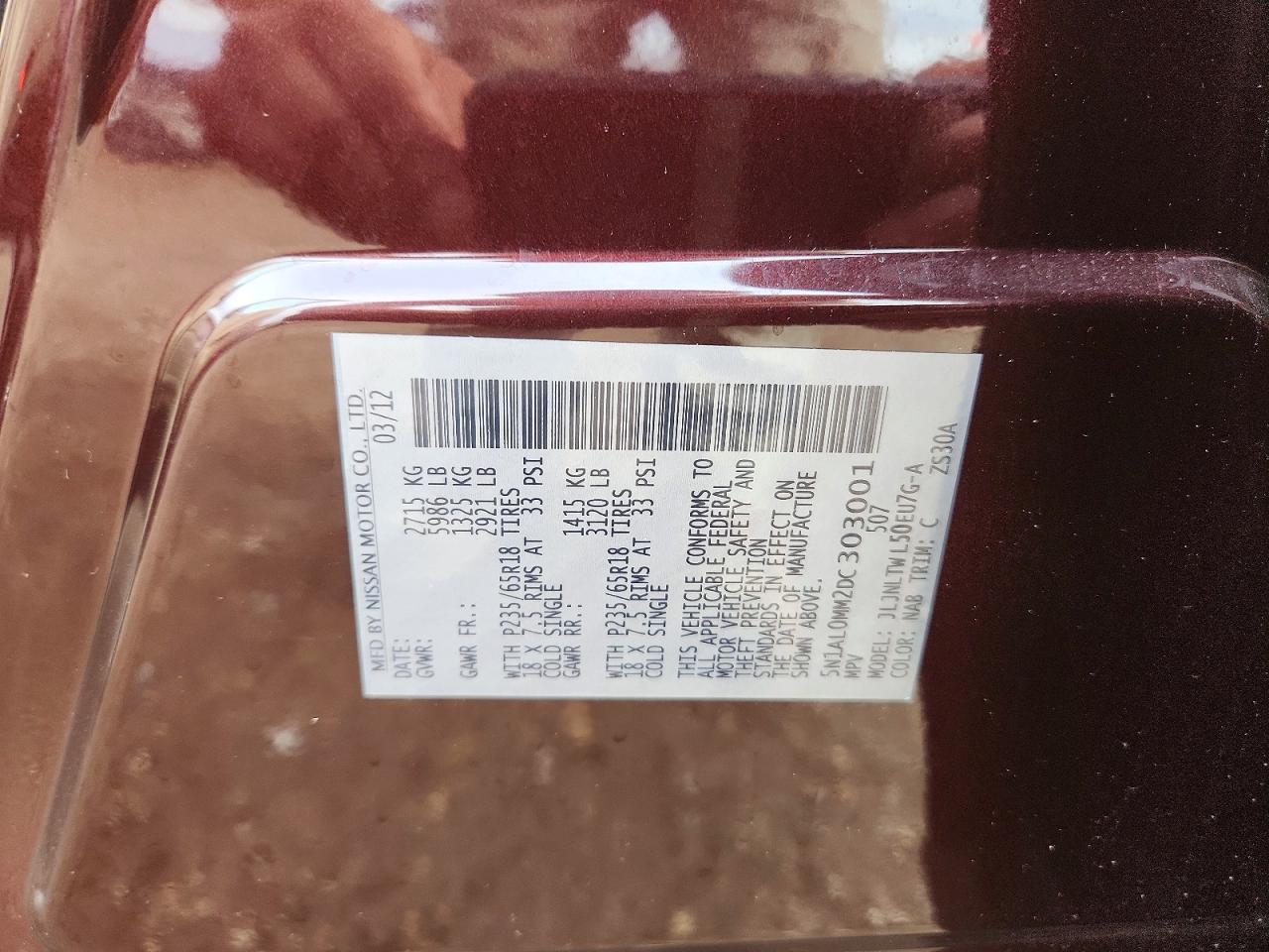 2013 Infiniti Jx35 Base Maroon vin: 5N1AL0MM2DC303001