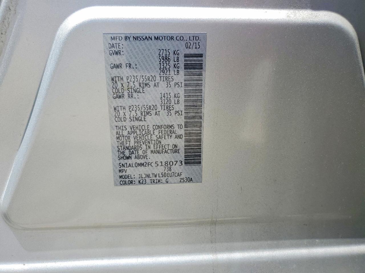 2015 Infiniti Qx60 Base Silver vin: 5N1AL0MM2FC518073