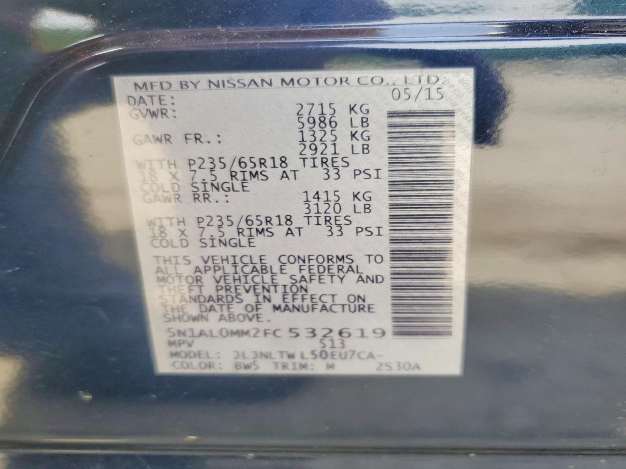 2015 Infiniti Qx60 Base Blue vin: 5N1AL0MM2FC532619