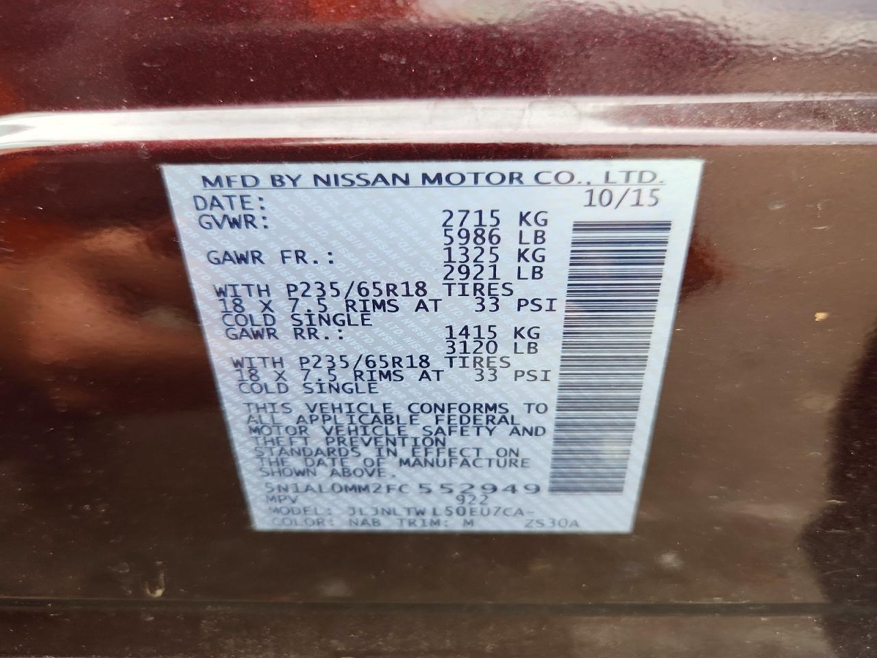 2015 Infiniti Qx60 Base Maroon vin: 5N1AL0MM2FC552949