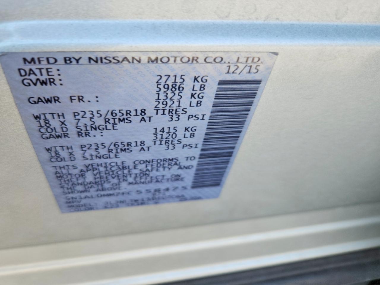 2015 Infiniti Qx60 Base Silver vin: 5N1AL0MM2FC558475