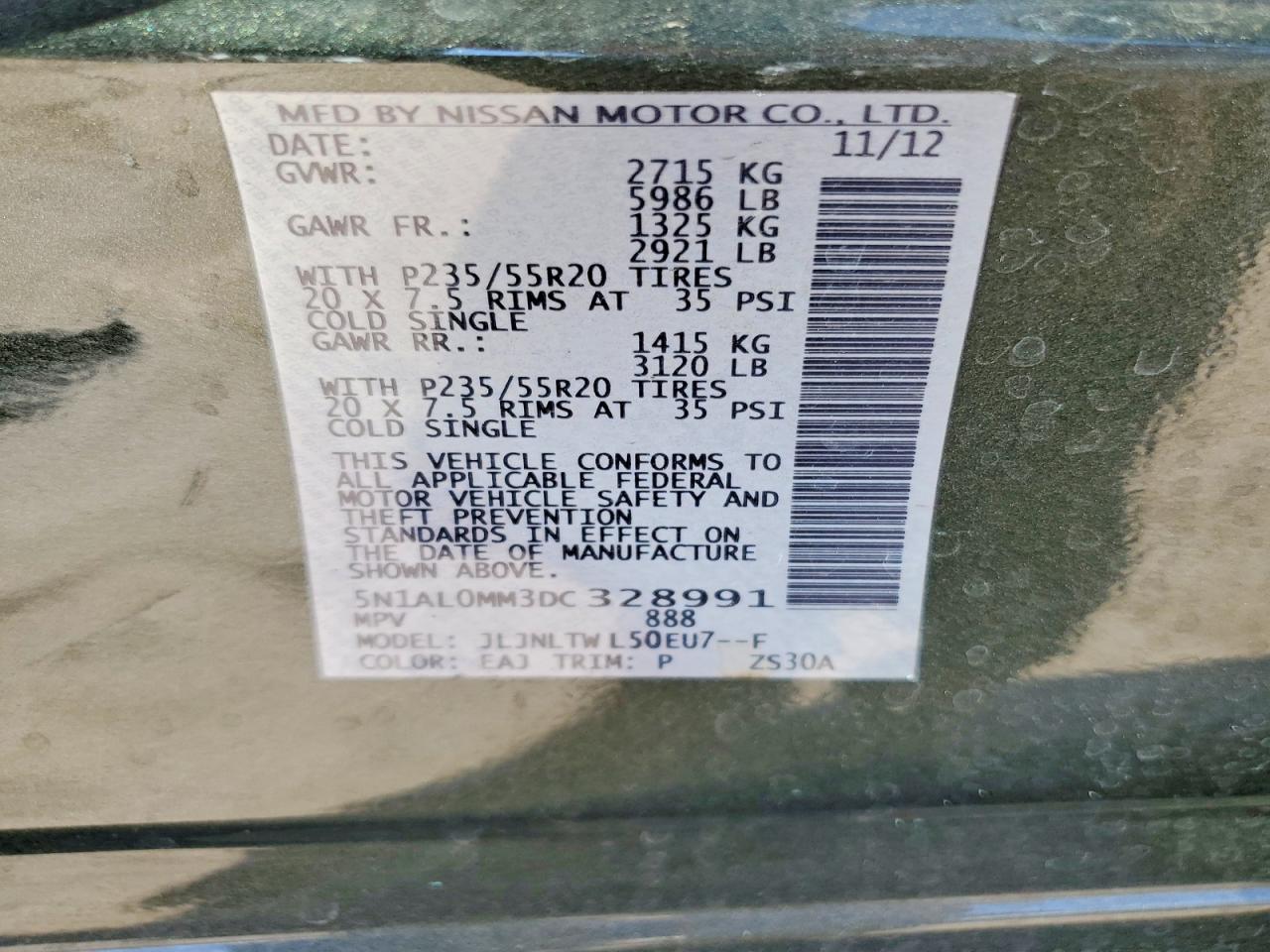 2013 Infiniti Jx35 Base Green vin: 5N1AL0MM3DC328991