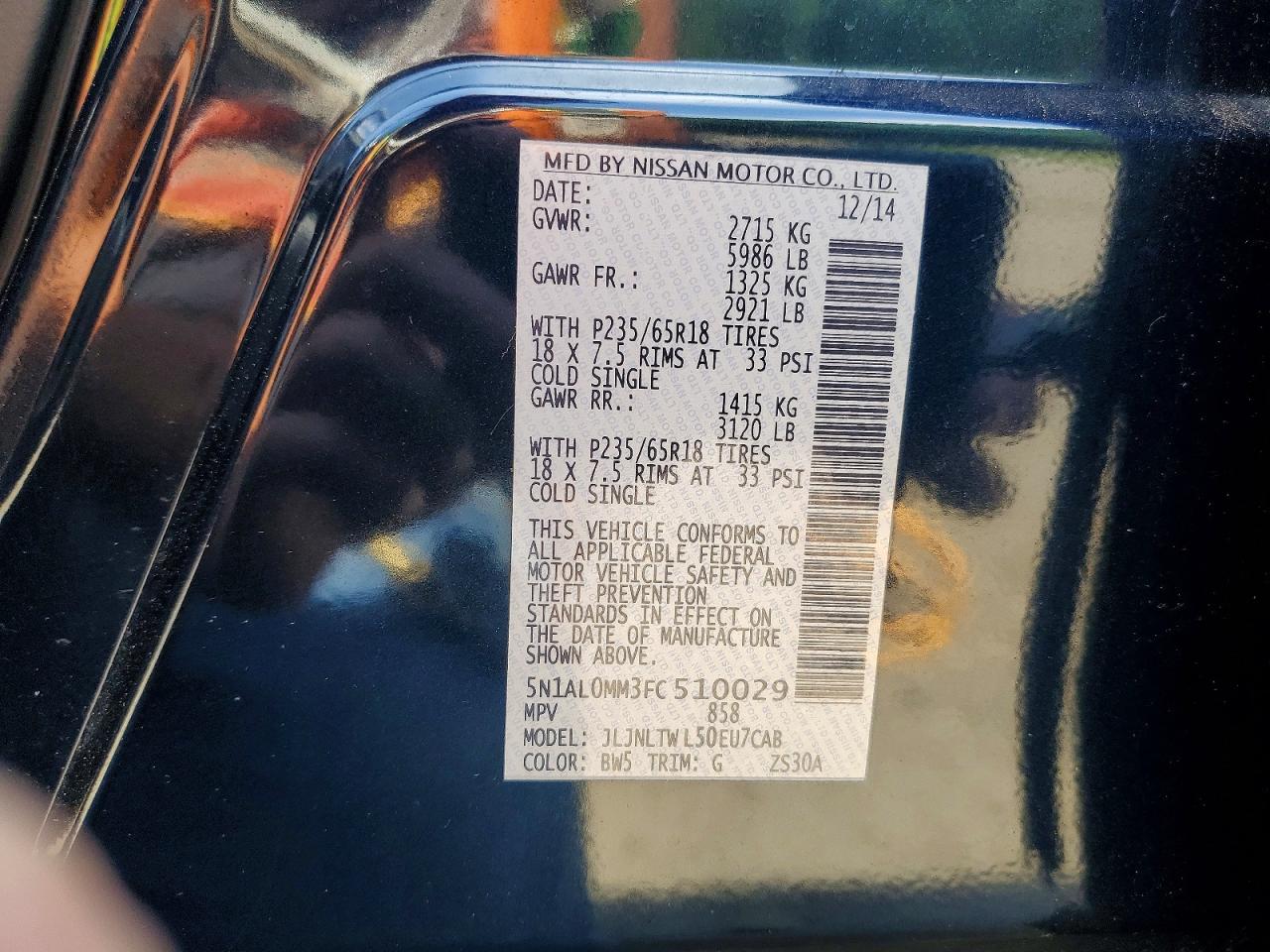 2015 Infiniti Qx60 Base Black vin: 5N1AL0MM3FC510029