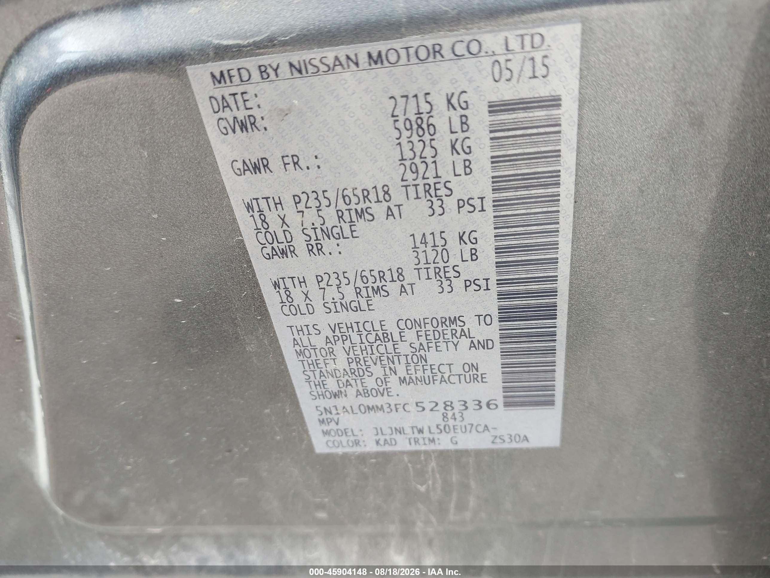 2015 Infiniti Qx60 Gray vin: 5N1AL0MM3FC528336