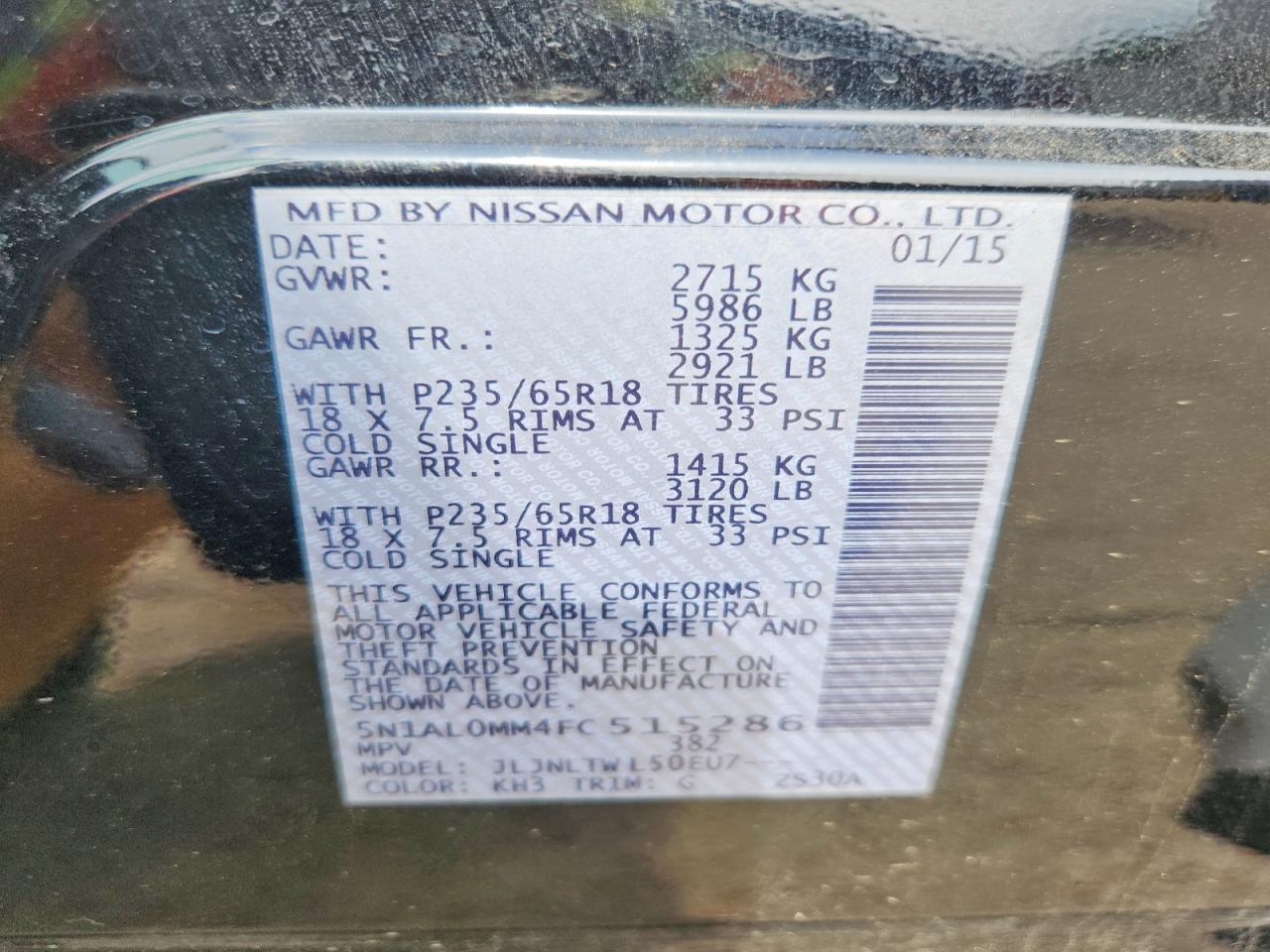 2015 Infiniti Qx60 Base Black vin: 5N1AL0MM4FC515286
