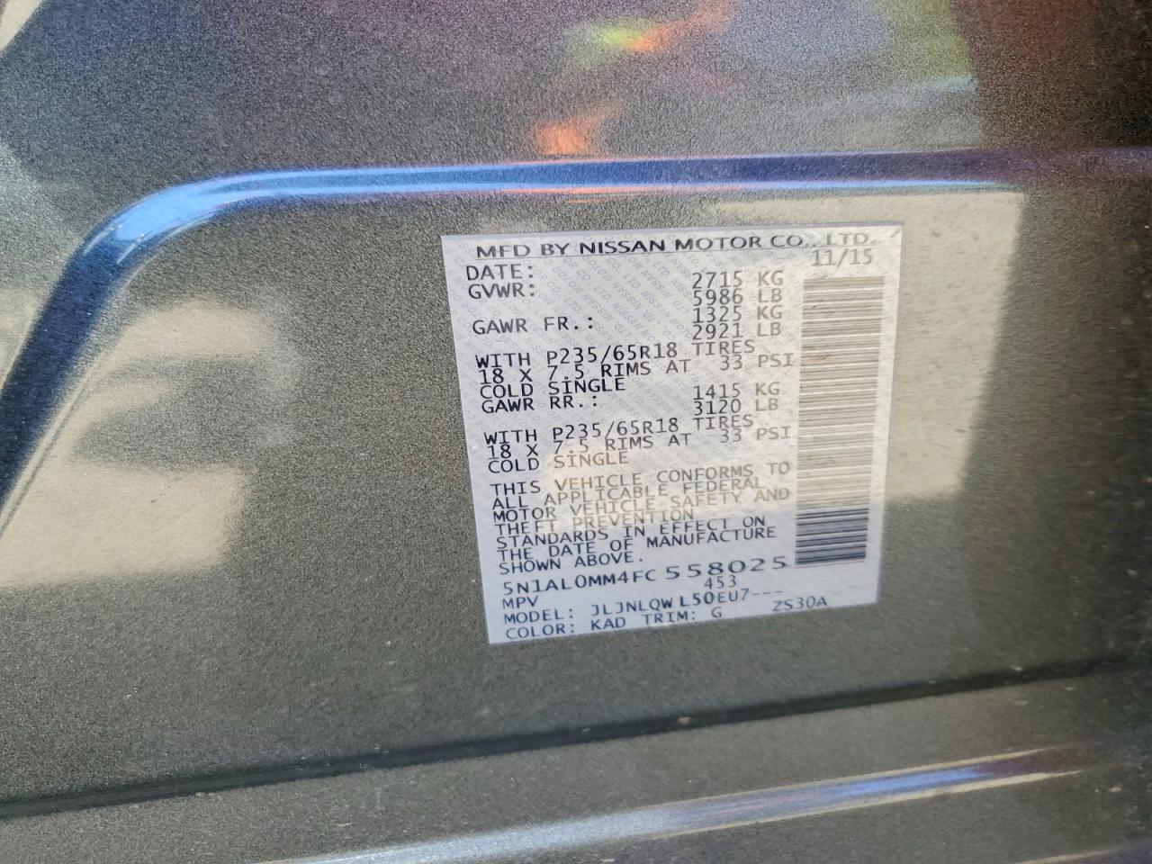 2015 Infiniti Qx60 Base Gray vin: 5N1AL0MM4FC558025