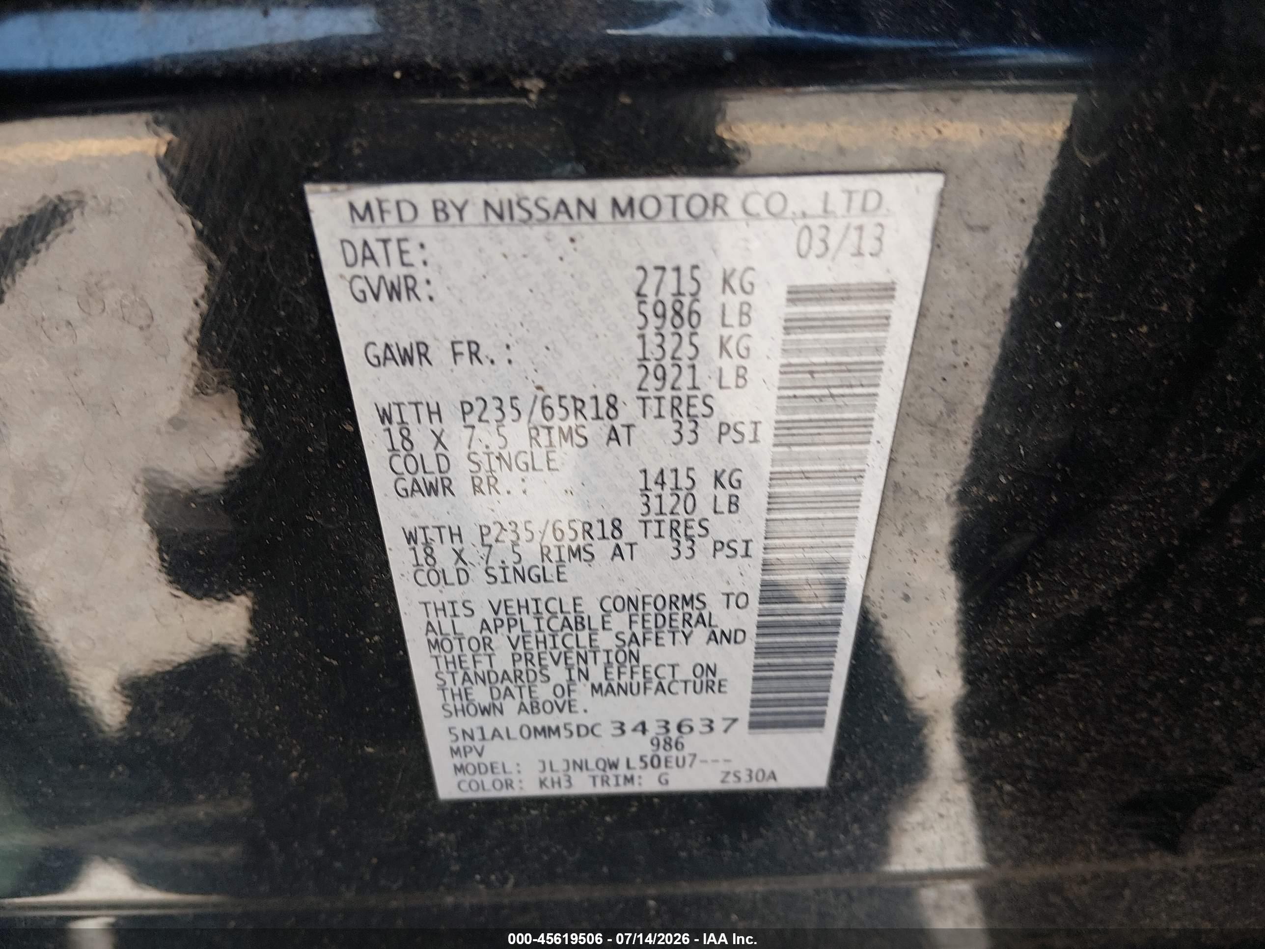 2013 Infiniti Jx35   Black vin: 5N1AL0MM5DC343637