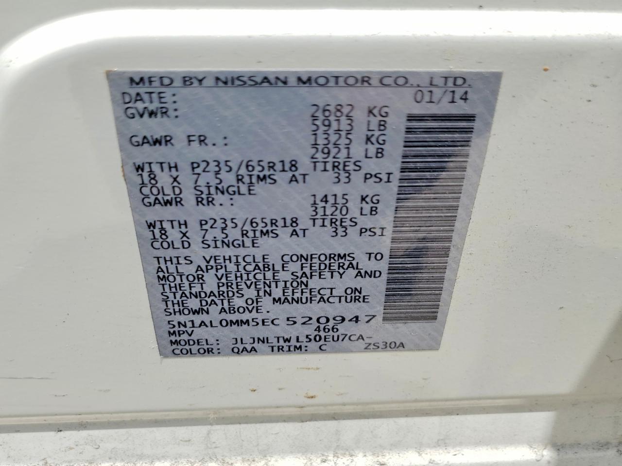 2014 Infiniti Qx60 Base White vin: 5N1AL0MM5EC520947