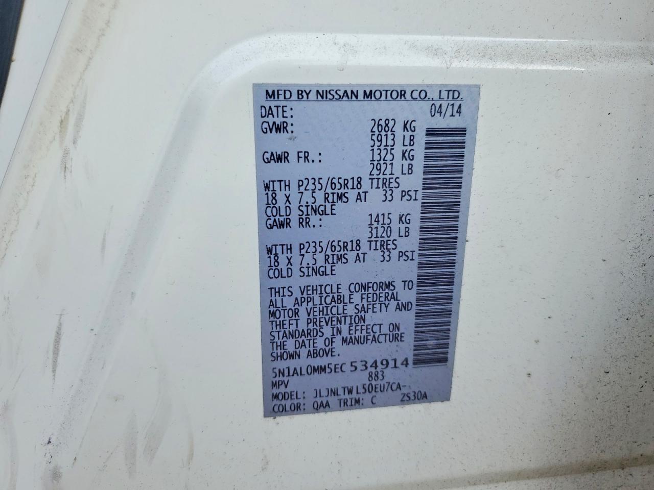2014 Infiniti Qx60 Base White vin: 5N1AL0MM5EC534914