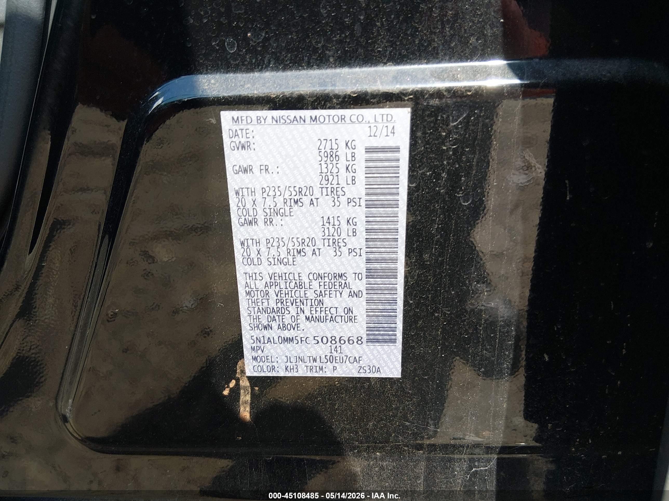 2015 Infiniti Qx60   Black vin: 5N1AL0MM5FC508668