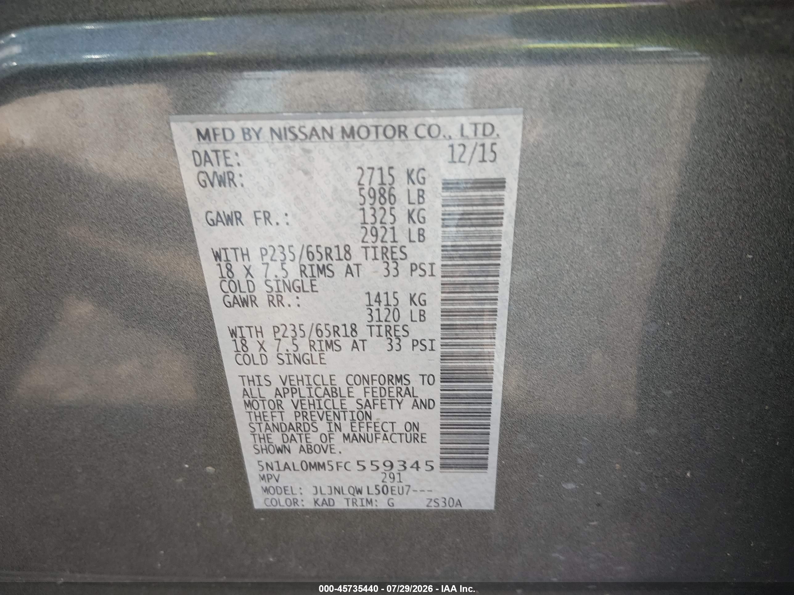 2015 Infiniti Qx60   Gray vin: 5N1AL0MM5FC559345