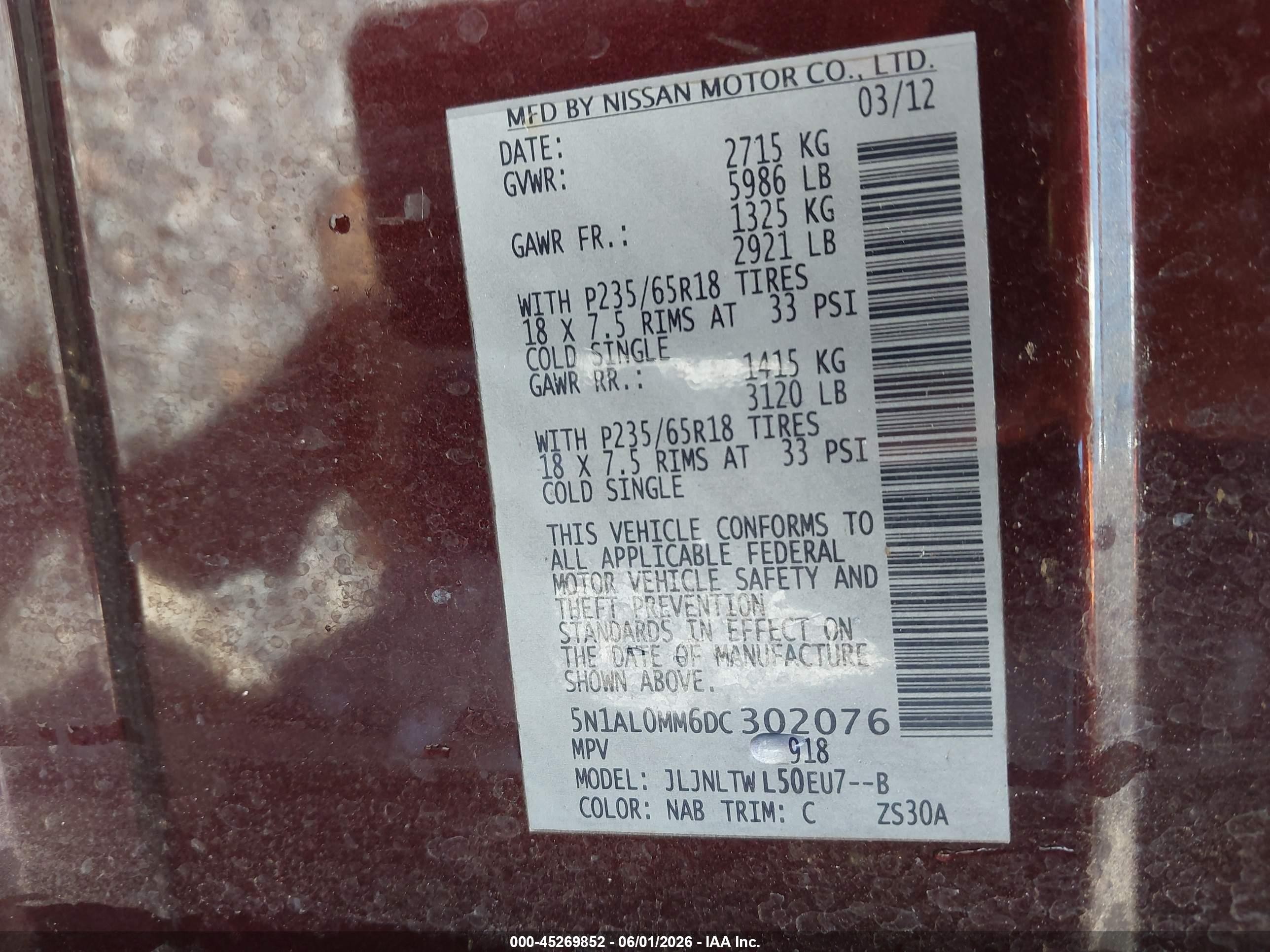 2013 Infiniti Jx35   Burgundy vin: 5N1AL0MM6DC302076