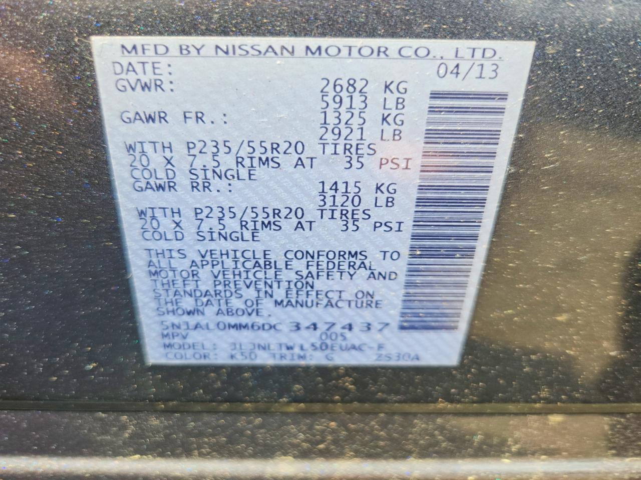2013 Infiniti Jx35 Base Gray vin: 5N1AL0MM6DC347437