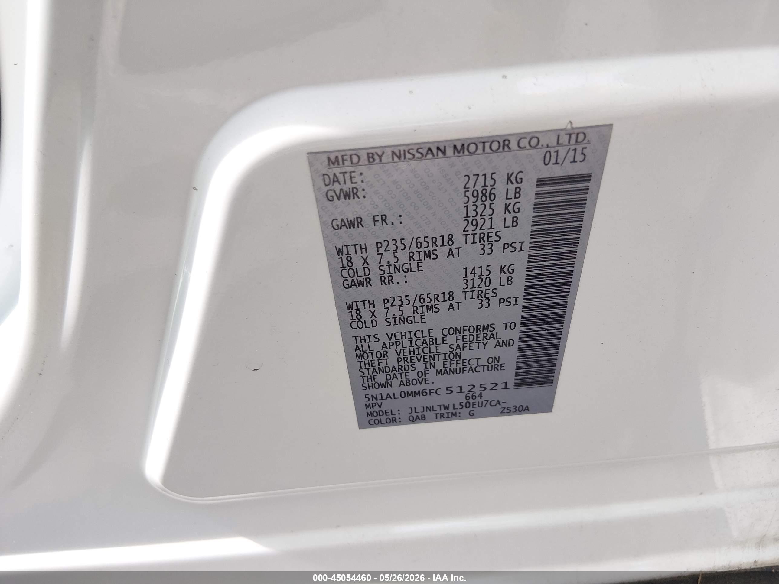 2015 Infiniti Qx60   White vin: 5N1AL0MM6FC512521