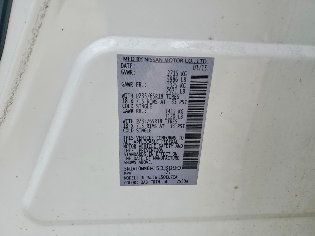 2015 Infiniti Qx60 Base White vin: 5N1AL0MM6FC513099