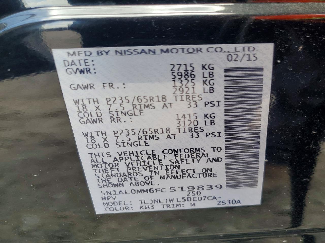 2015 Infiniti Qx60 Base Black vin: 5N1AL0MM6FC519839