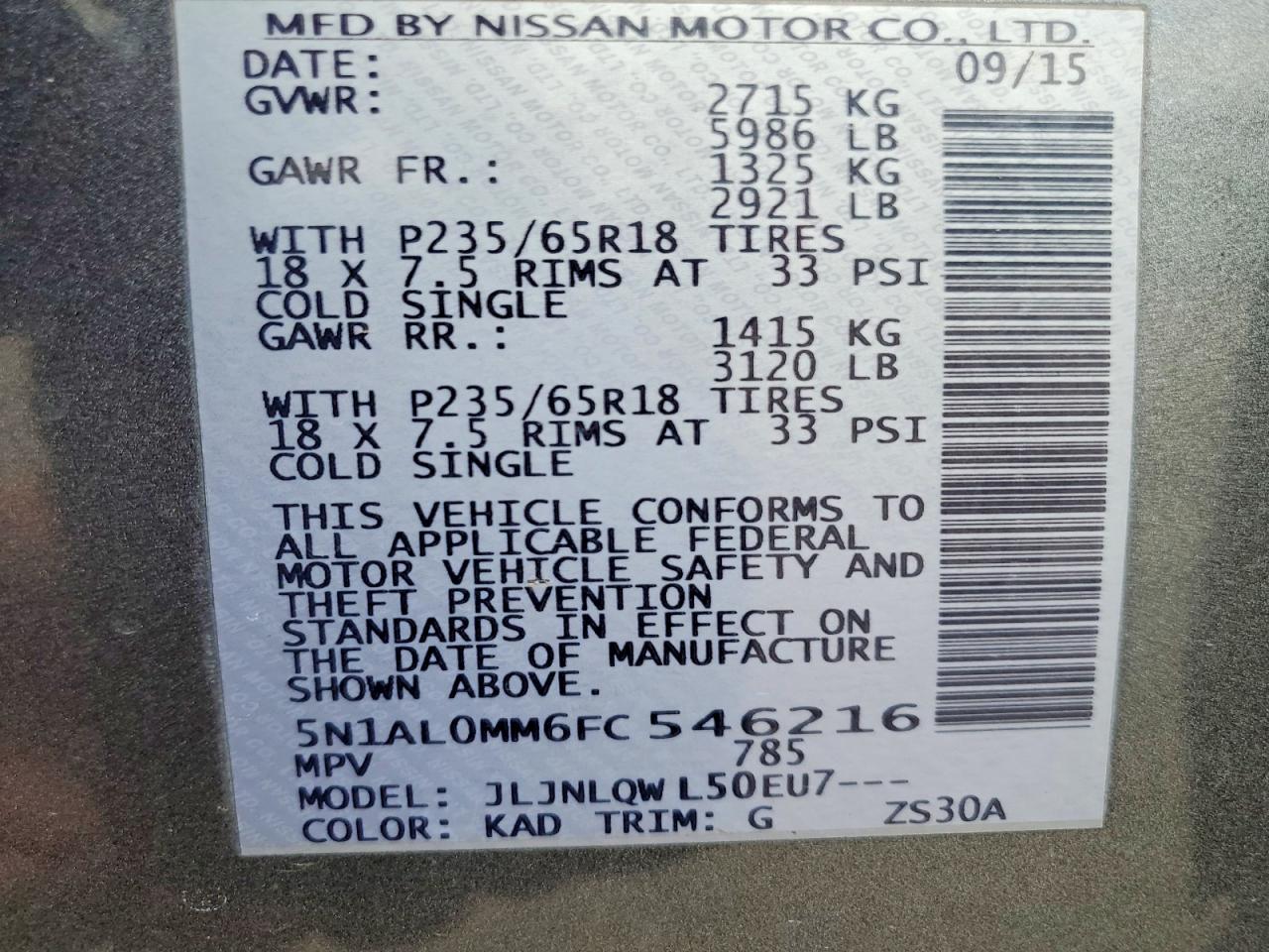 2015 Infiniti Qx60 Base Gray vin: 5N1AL0MM6FC546216