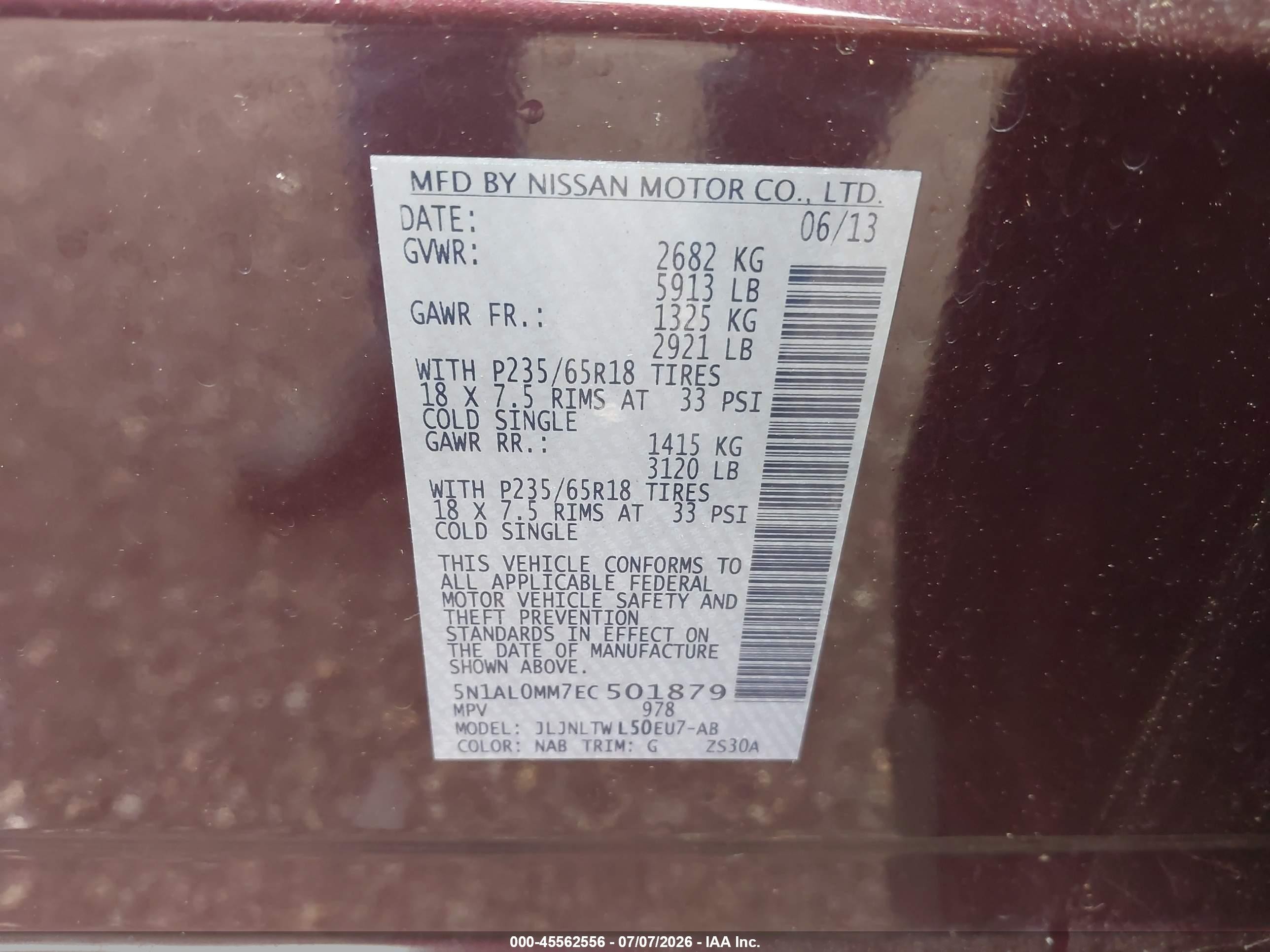 2014 Infiniti Qx60   Burgundy vin: 5N1AL0MM7EC501879
