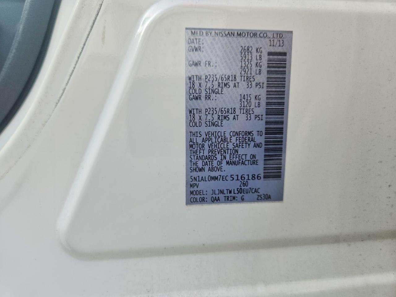 2014 Infiniti Qx60 Base White vin: 5N1AL0MM7EC516186