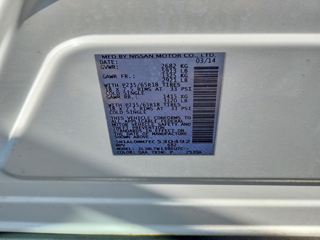 2014 Infiniti Qx60 Base White vin: 5N1AL0MM7EC530492