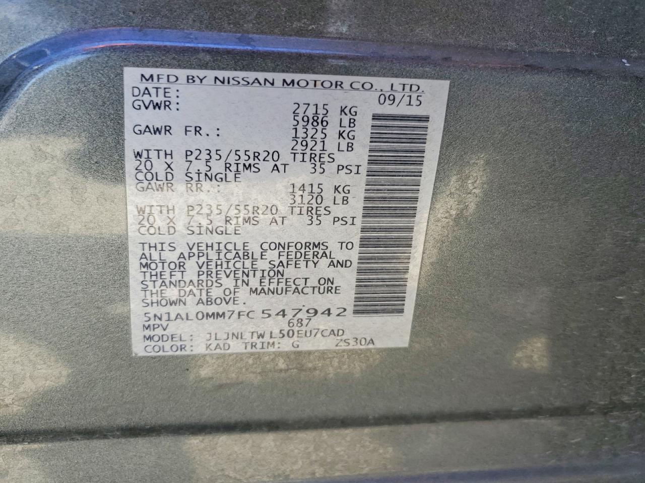 2015 Infiniti Qx60 Base Серый vin: 5N1AL0MM7FC547942
